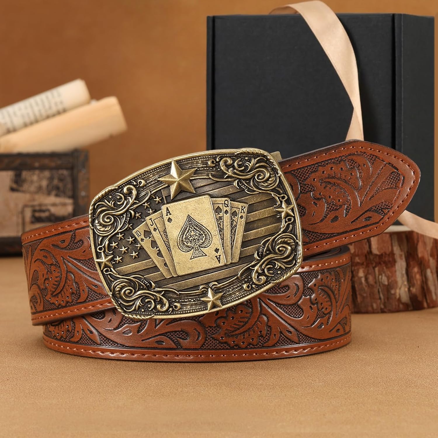 Cowboy Western Ratchet Belt for Men Women with Automatic Western Buckle, Ratchet Cowboy Leather Belt for Jeans Gifts