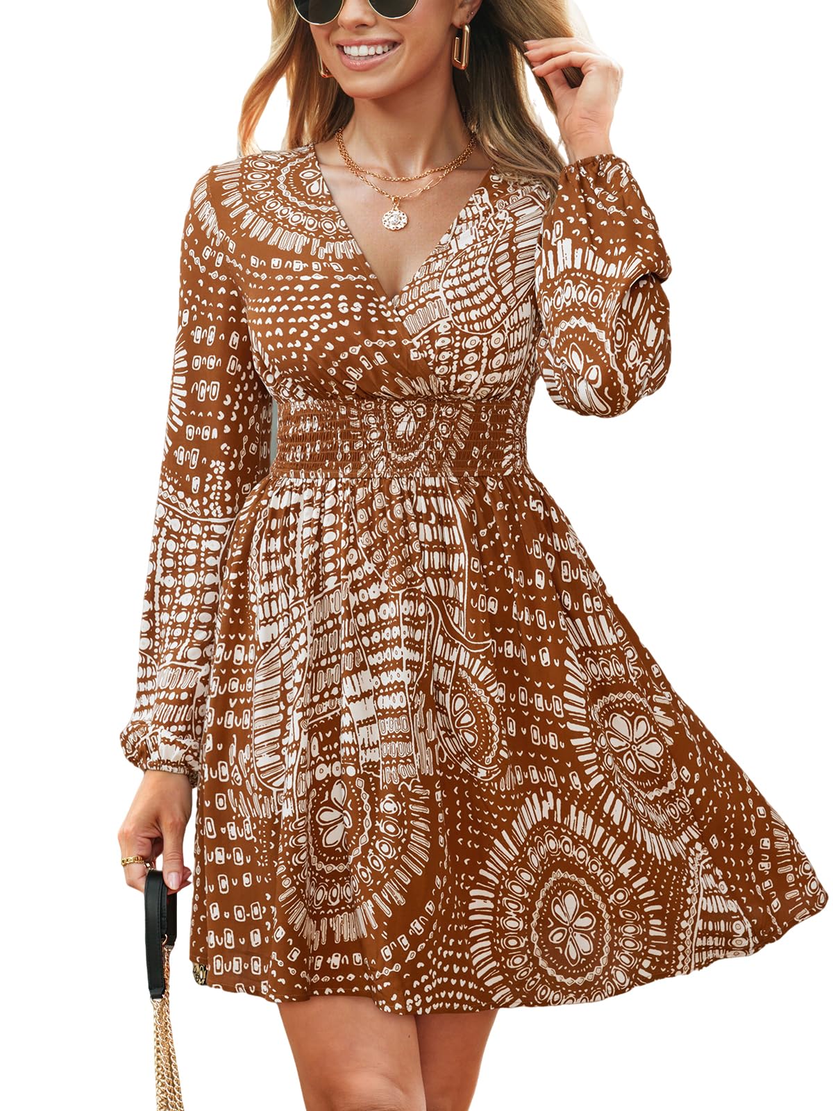 CUPSHE Mini robe d'automne imprimée cachemire pour femme, col en V, manches longues, taille smockée, robes de vacances fluides à volants