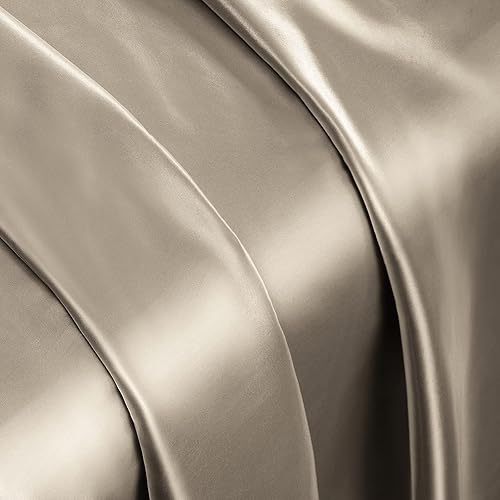 Vista 255 de Vonty Satin Sheets King Silky Soft Satin Bed Sheets Amber Beige Sheet Set, 1 Deep Pocket Fitted Sheet + 1 Flat Sheet + 2 Pillowcases