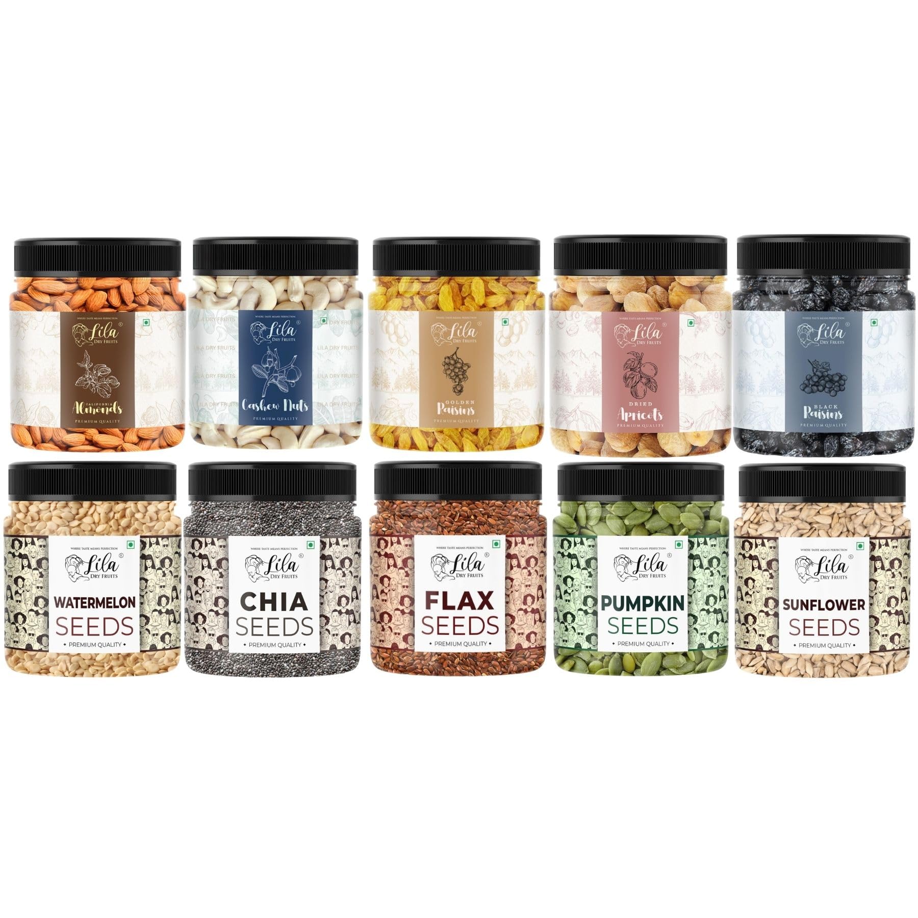 LILA DRY FRUITS Kids & Family Health Combo 10 in 1 (100g x 10) Dry Fruits & Seeds Mix, Cashews Almonds Raisins Apricots with Sunflower Pumpkin Watermelon Flax Chia Seeds Combo Pack for Daily Nutrition-image-19
