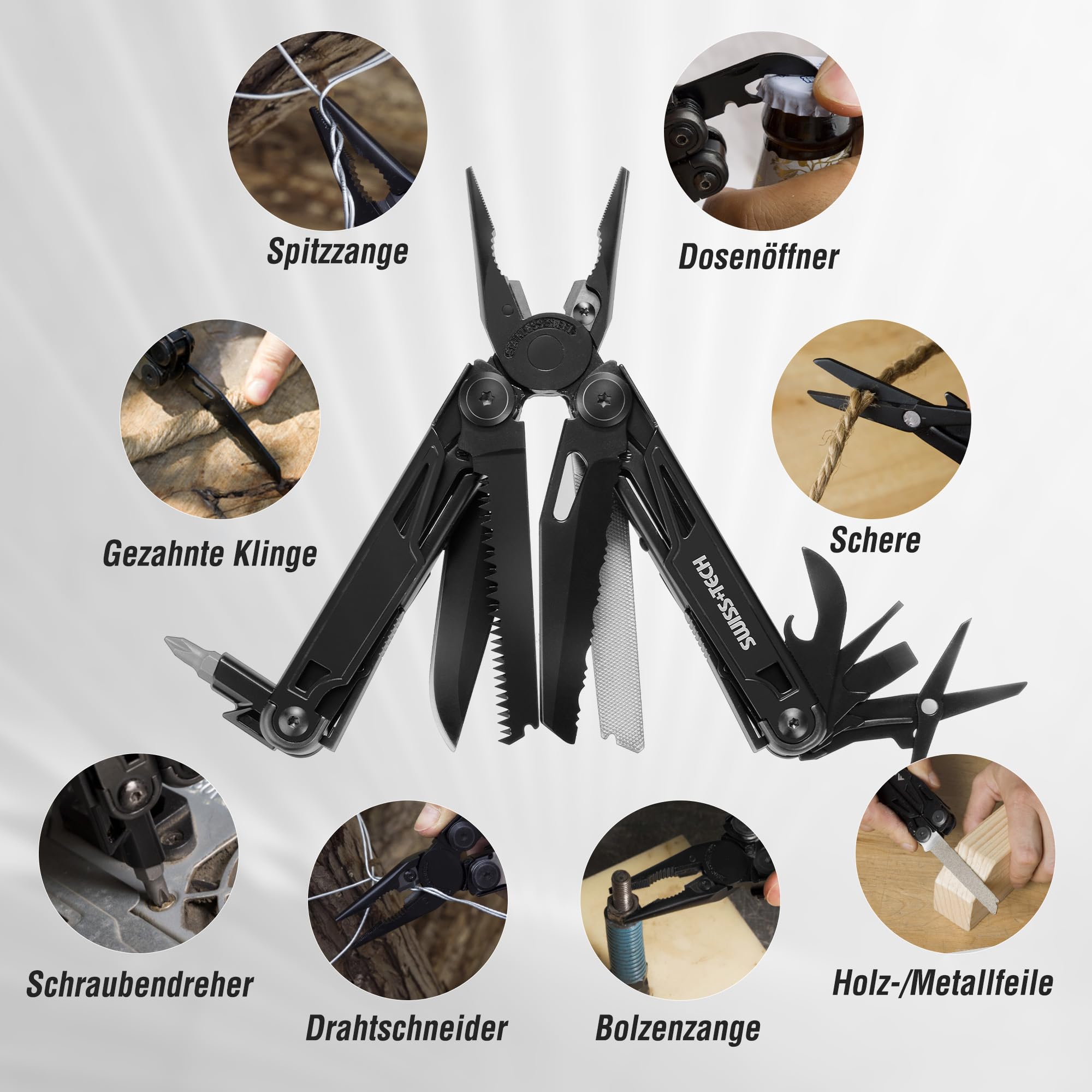 Swiss+Tech Multifunktionszange 16-in-1, Faltbare Mulitool Werkzeug Multifunktionale Zange, mit Schere, Messer, Säge, Flaschenöffner, Schraubendreher für Camping, Outdoor, Reparieren, mit Tragtasche