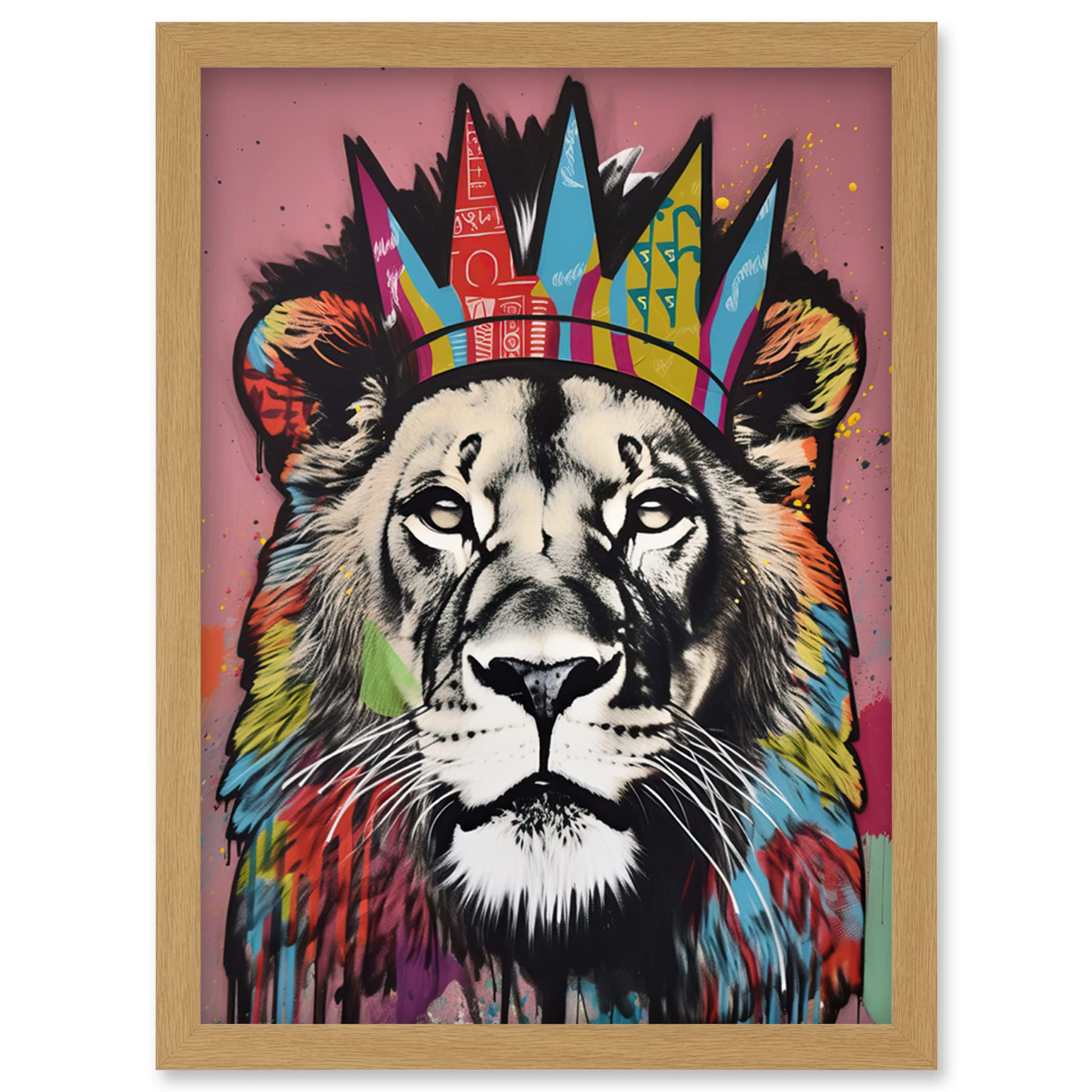 Artery8 Lion with Crown King of the Jungle Modern Pop Art Artwork Framed Wall Art Print A4