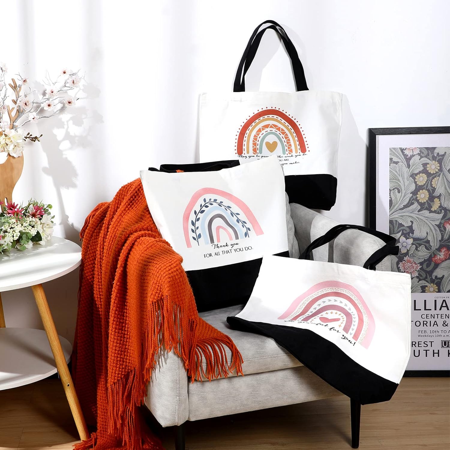 Buryeah 10 Pcs Teacher Appreciation Gift Bags Bulk Flower Rainbow Employee Thank You Canvas Tote Bag for Women Nurse Gift - Image 3