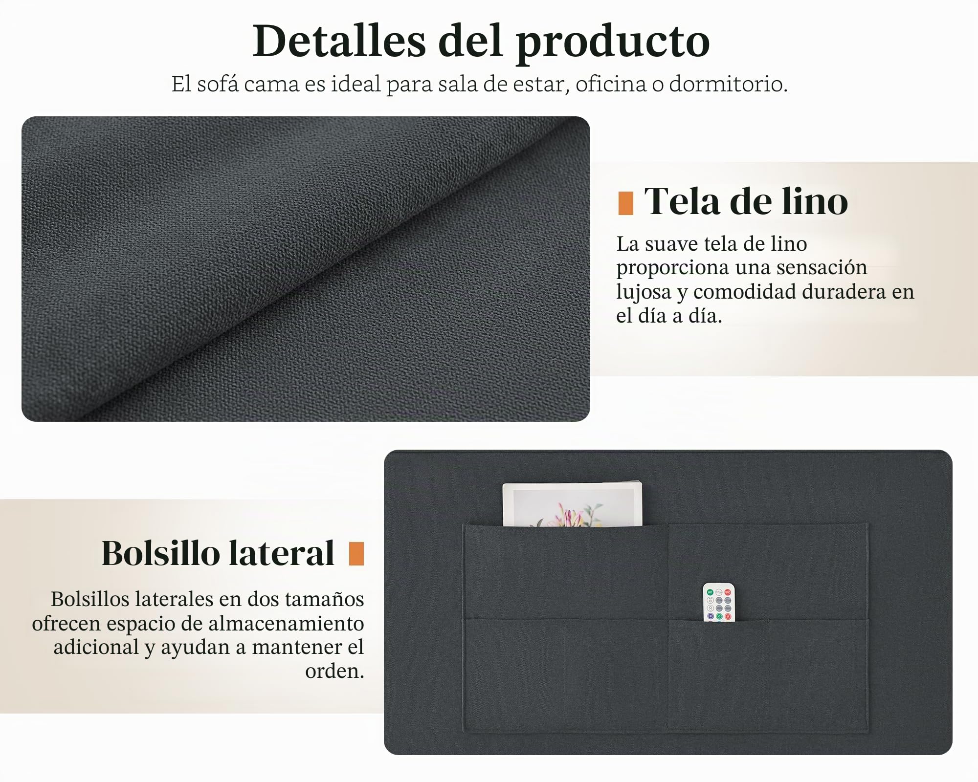 LUXOAK Sofá cama de 186 x 122 cm con respaldo ajustable de 5 niveles, sofá cama 3 en 1 con cojín y bolsillo lateral, sofá de lino gris para habitaciones de invitados y espacios pequeños