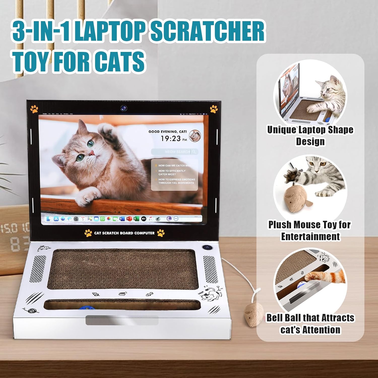 review Cardboard Cat Scratcher 3-in-1 Laptop Scratcher Cat Toy Cat Scratch Toys with Plush Mouse Cat Computer Scratch Pad Toy Indoor Cat Scratch Pad for Cats