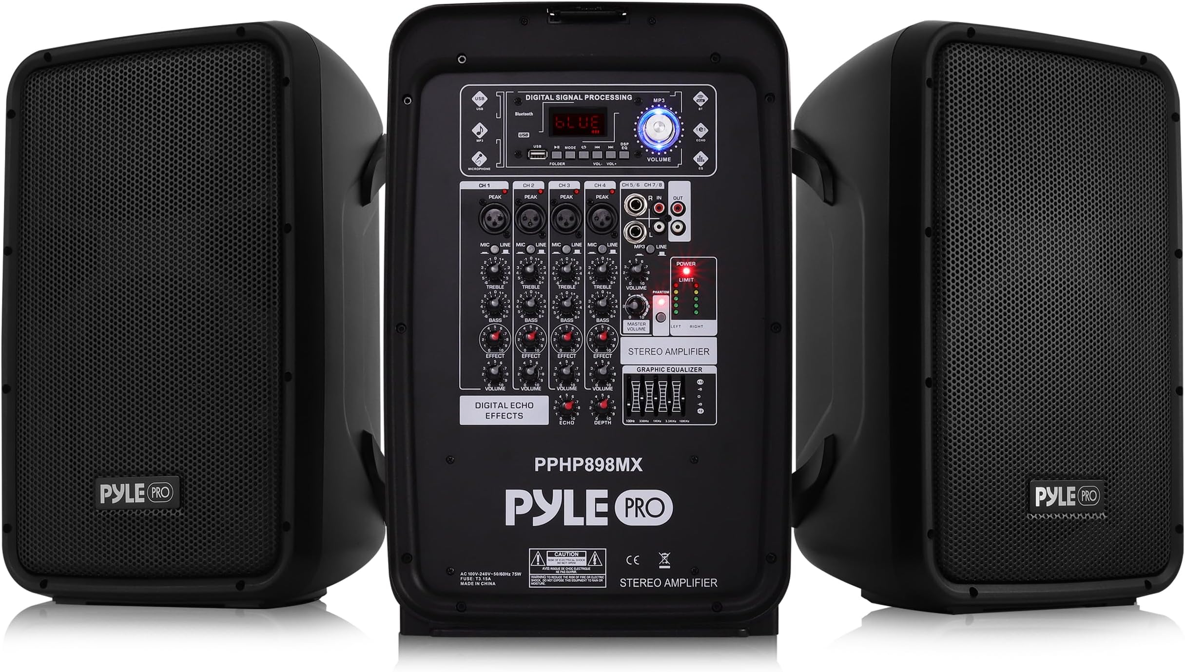 Pyle Karaoke PA Speaker Mixer System - 600 WATT 8-Channel Portable Bluetooth Wireless PA Speaker Powered Amplifier Kit with 8" Subwoofer MP3, AUX - USB XLR 1/4" RCA - Pyle PPHP898MX