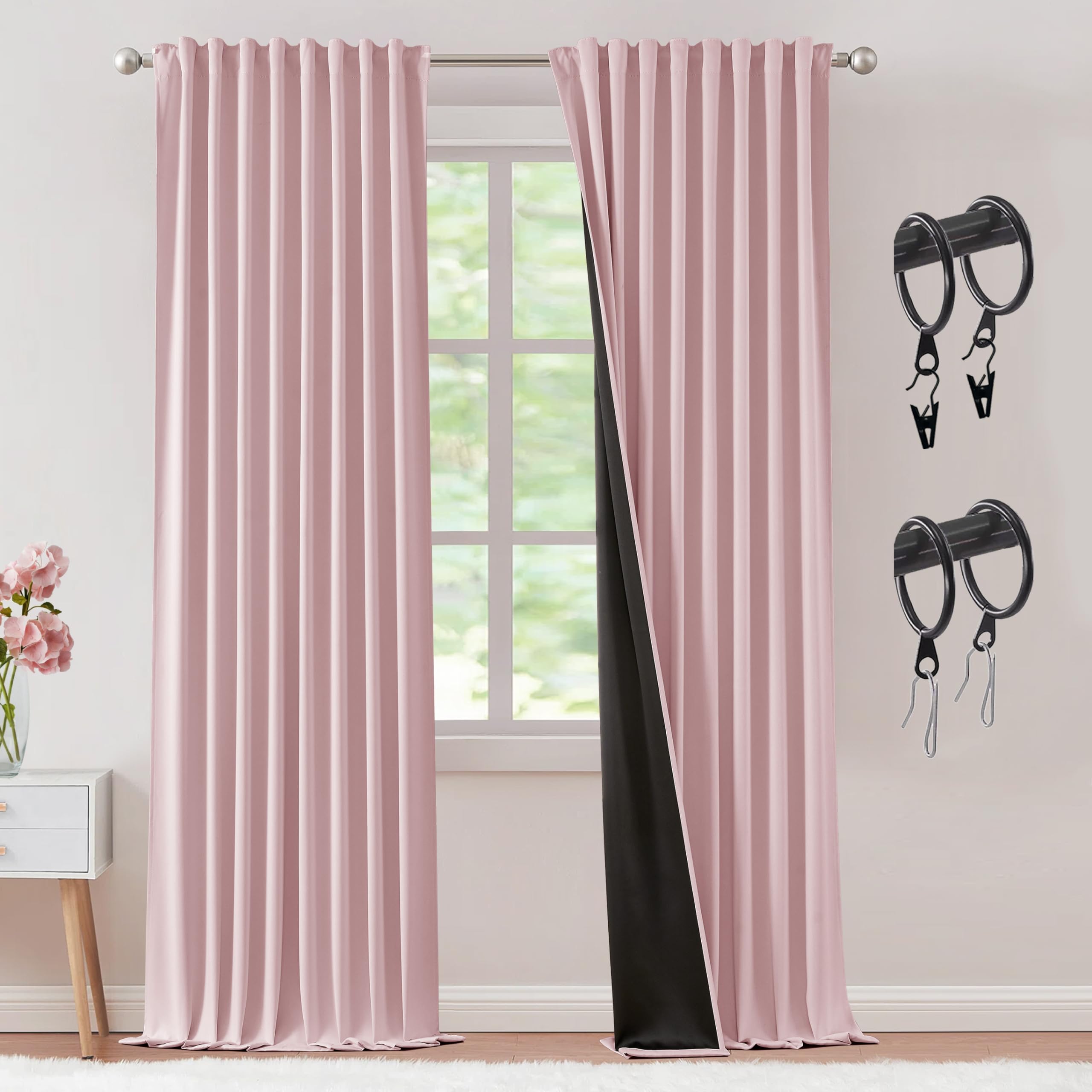 SHINELAND Pink Curtains 2 Panels 100% Blackout for Nursery Baby Room,Pretty Back Tab Pleated Boho Light Pink Thermal Insulated Darkening Window Cute Curtains for Bedroom Living Room 84 Inches Long