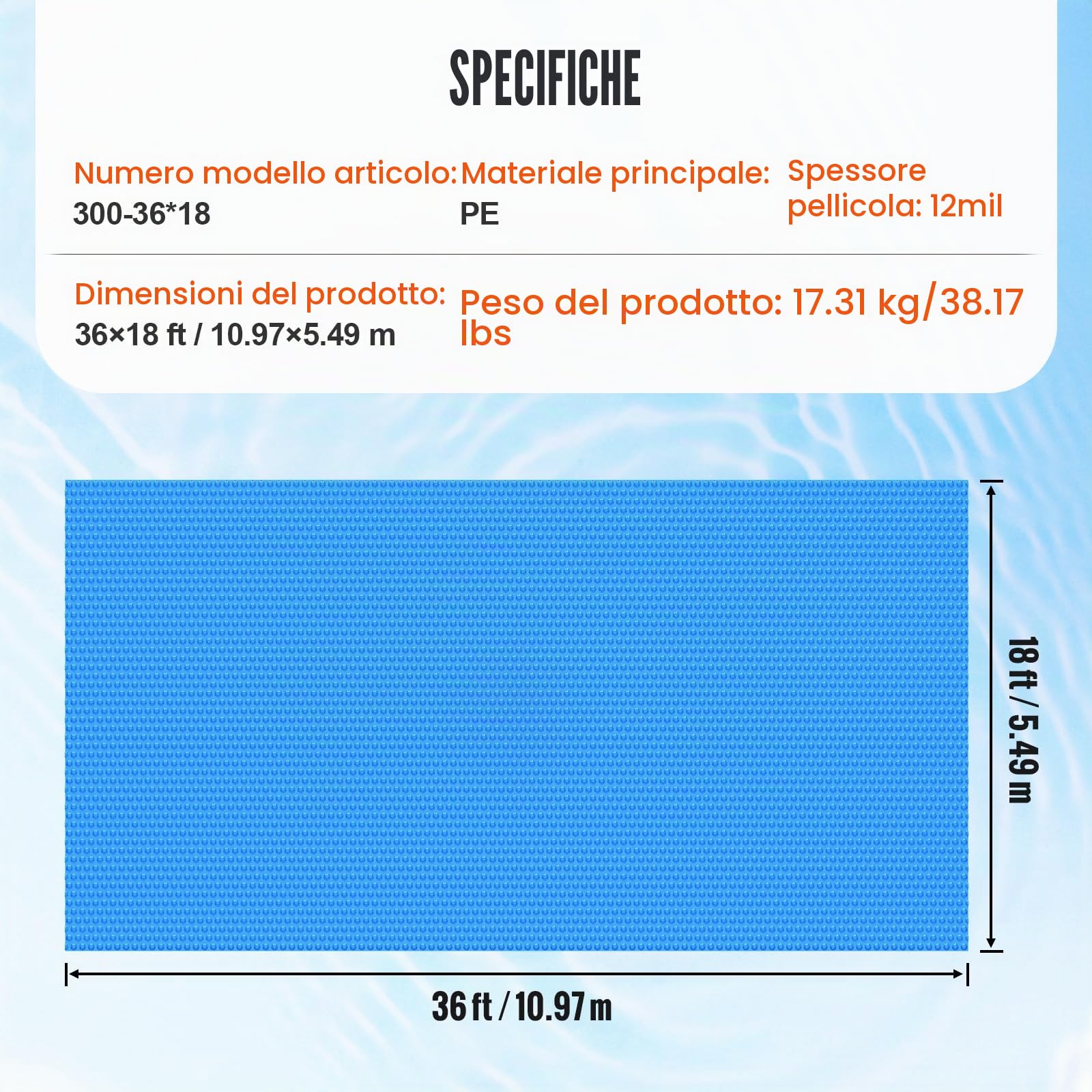 VEVOR Copertura Solare per Piscina, 10,97 x 5,49 m, Copertura Solare per Piscina Rettangolare, Spessore 0,3 mm, Protezione per Piscina per Piscina Interrata Fuori Terra, per Riscaldamento Acqua, Blu