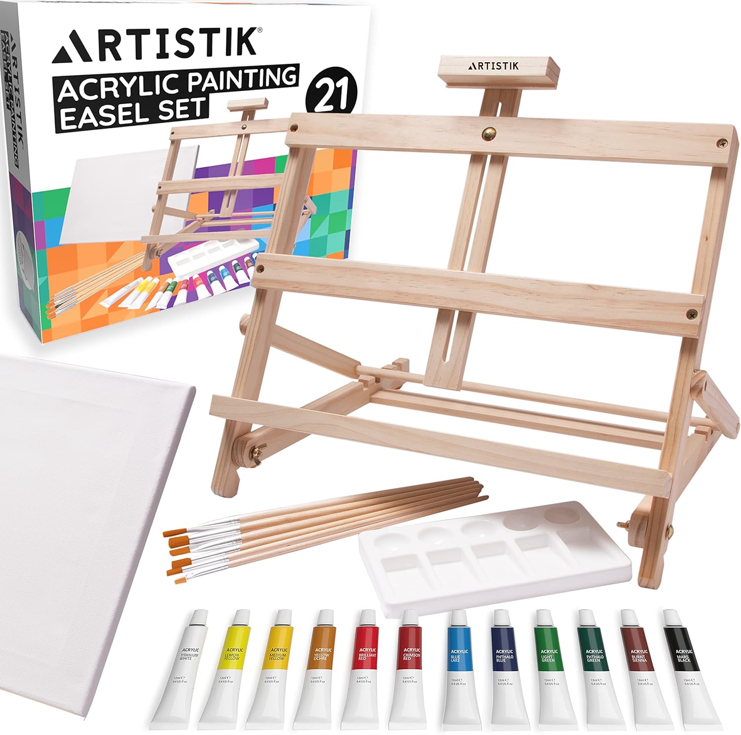 Desk Easel with Acrylic Paints - Table Top Adjustable Wooden Desktop Easel, 12 Tubes, Canvas, Paintbrushes & Palette for Painting, Sketching and Drawing Supplies