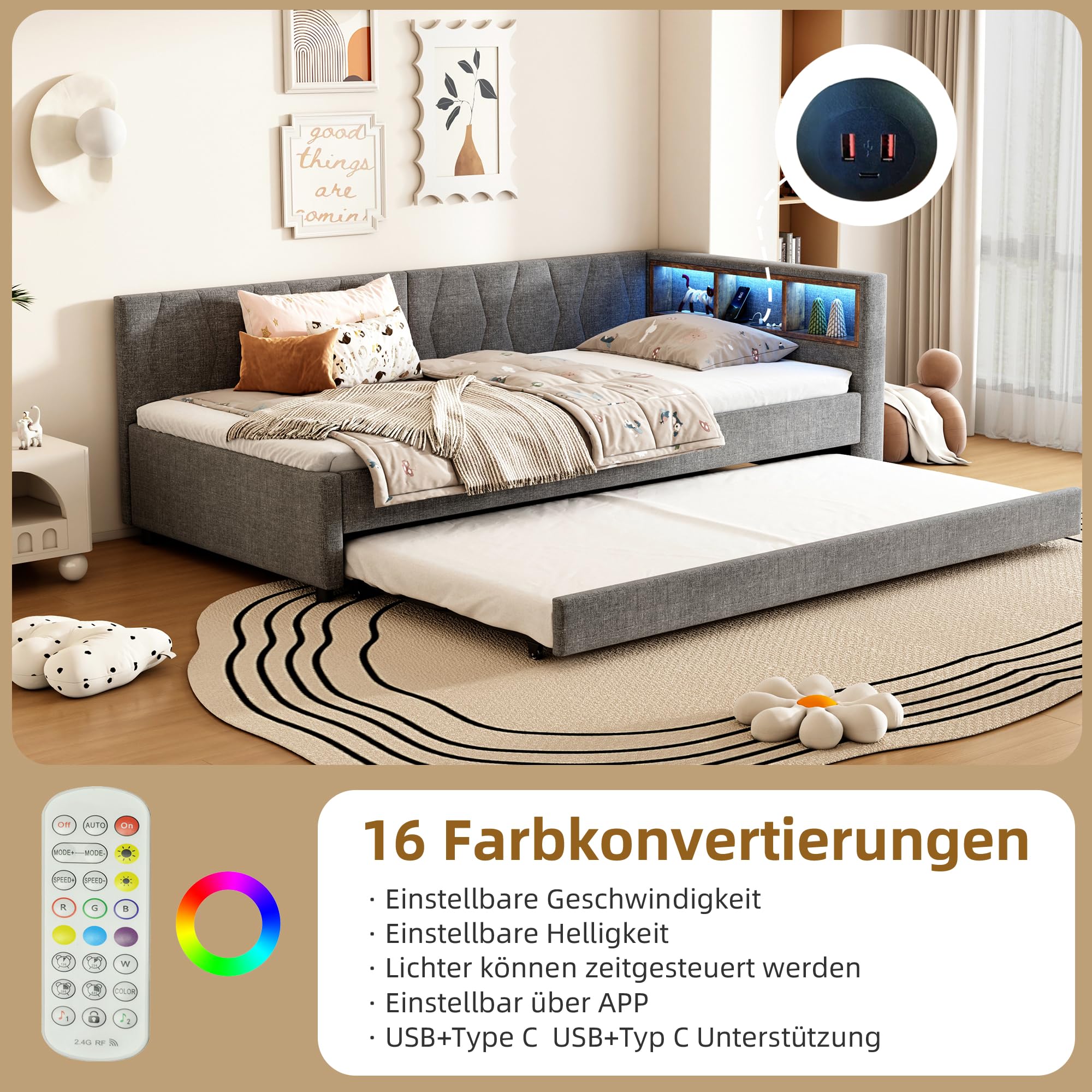 Dolamaní Łóżko tapicerowane 90 x 200 cm, z diodami LED i USB + typ C, łóżko ze stelażem i łóżkiem wysuwanym, dla dzieci, łóżko młodzieżowe, łóżko funkcyjne, łóżko pojedyncze, lniane, bez materaca