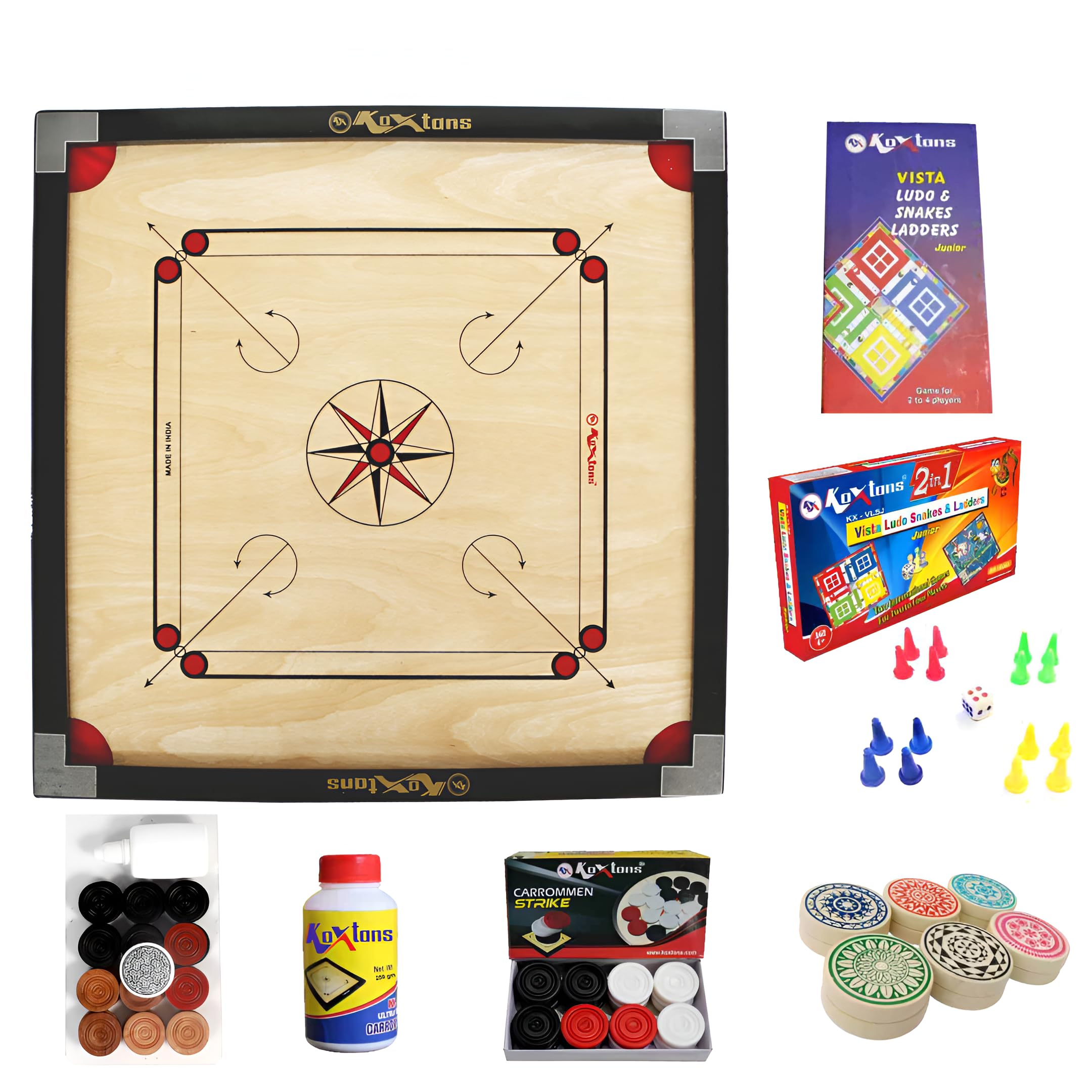 KOXTONS - Carrom Board 32 INCH Full Size Cut Pocket with 1.5" Border & 3 mm Ply (Economy) with STRICKER & Accessories and Vista 11 INCH Ludo Snakes and Ladder