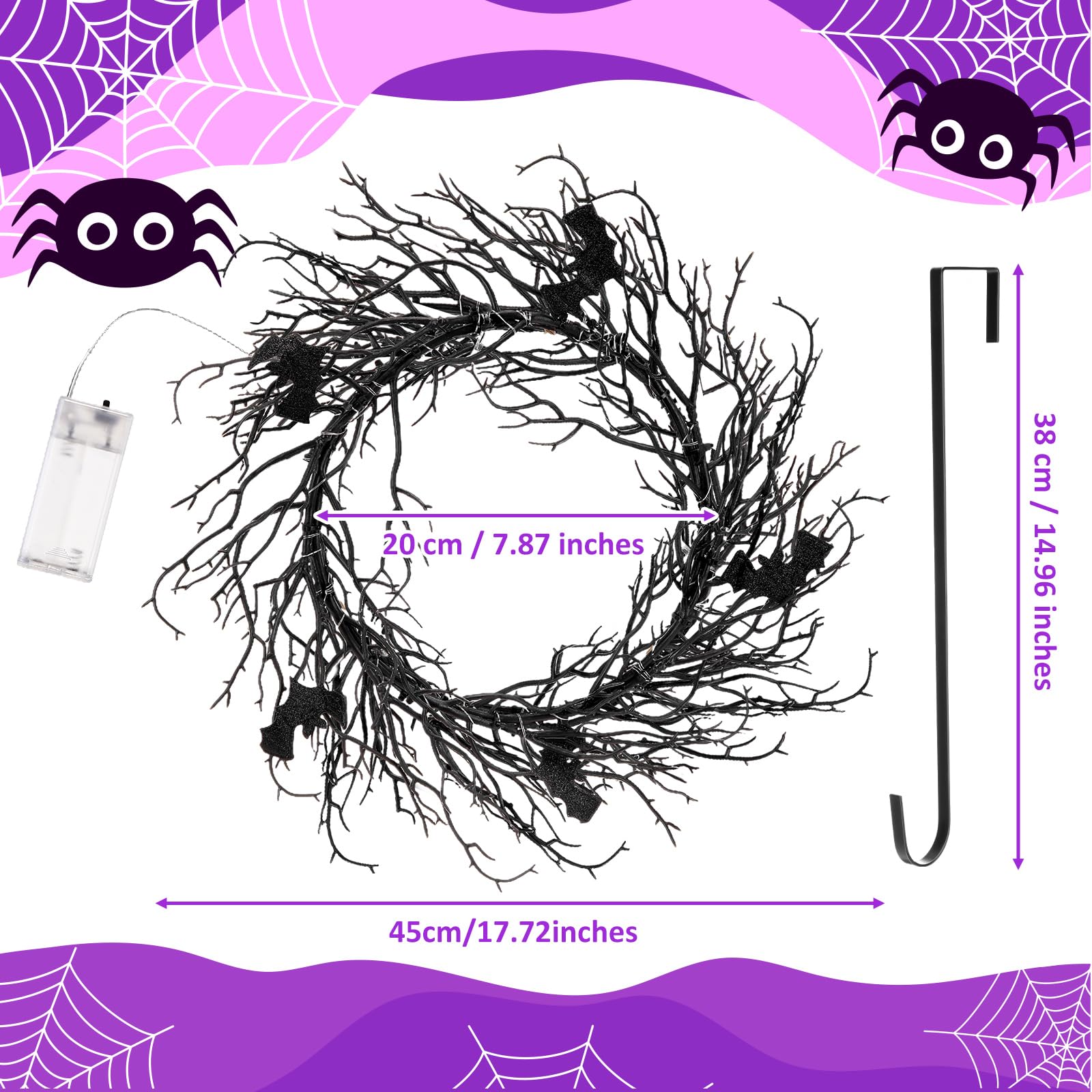 Halloween Türkranz 30cm Mit LED Lichtern - Fledermaus & Katze Deko Aus Rattan