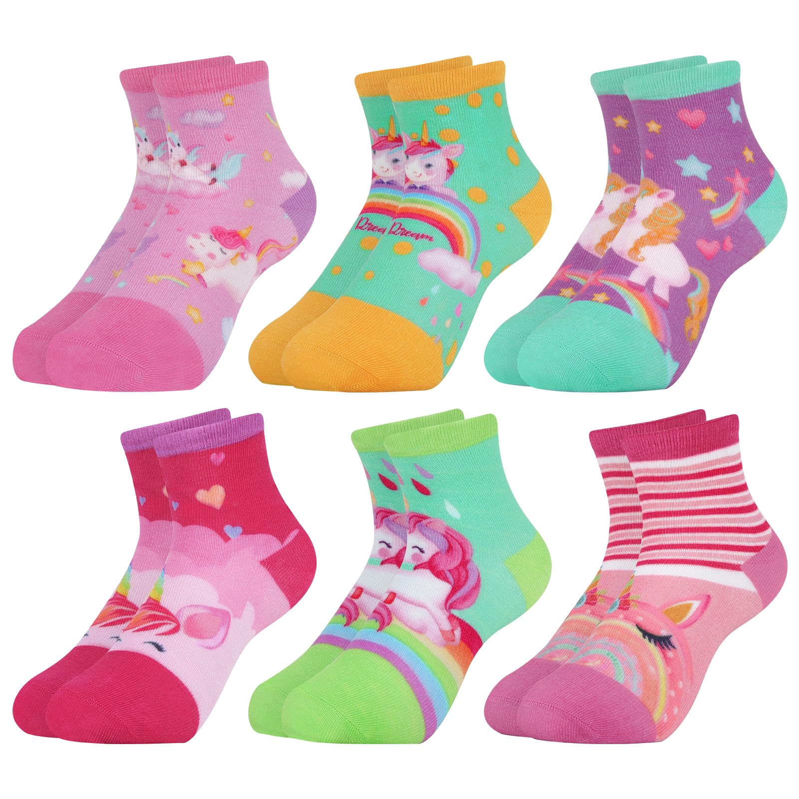 Queenshin Mädchen Socken Kinder Regenbogen Einhorn Schmetterling Früchte Avocado Lustige Bunt Cartoon Tier Motiv Neuheit Niedlich 6 Paar Geschenke 3-14 Jahre Größe 25-38 Atmungsaktiv Weich