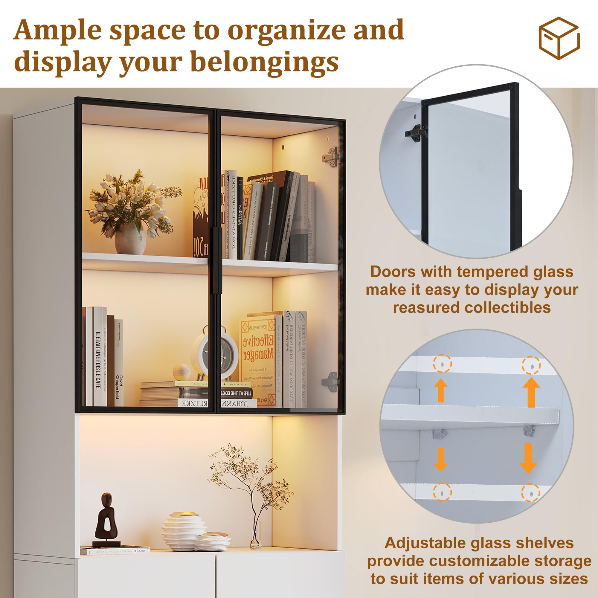 Vitrina de Cristal Armario de Vitrina con Iluminación LED 200 cm, Estantería Aparador con Estantes Ajustables y Puertas para Salon, Mueble Auxiliar Expositora para Comedor Dormitorio (Blanco)