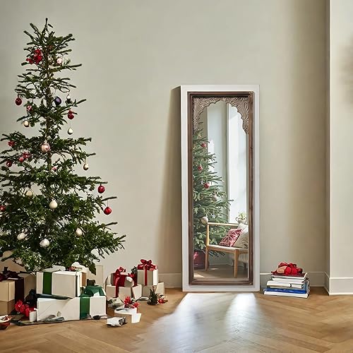 Miniatura 4 de Espejo vintage pequeño de longitud completa con soporte de 42 pulgadas, hecho a mano, acabado envejecido, blanco inclinado, espejo de piso de madera