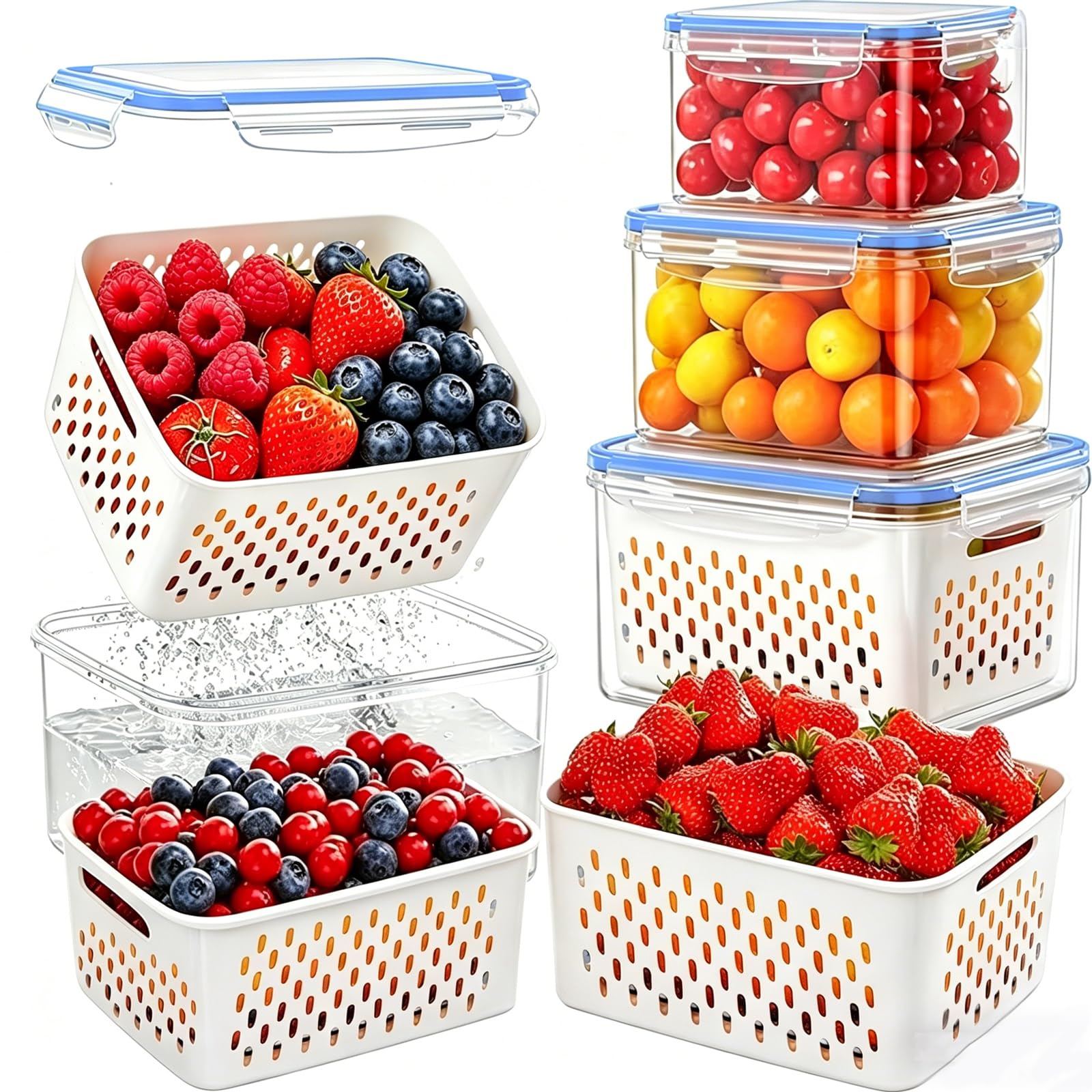 Inedrims Blue 3Pcs Fridge Organisers, Fridge Storage With Lid And Drainer, Bpa-Free, Dishwasher-Safe, Microwave-Safe (Blue)