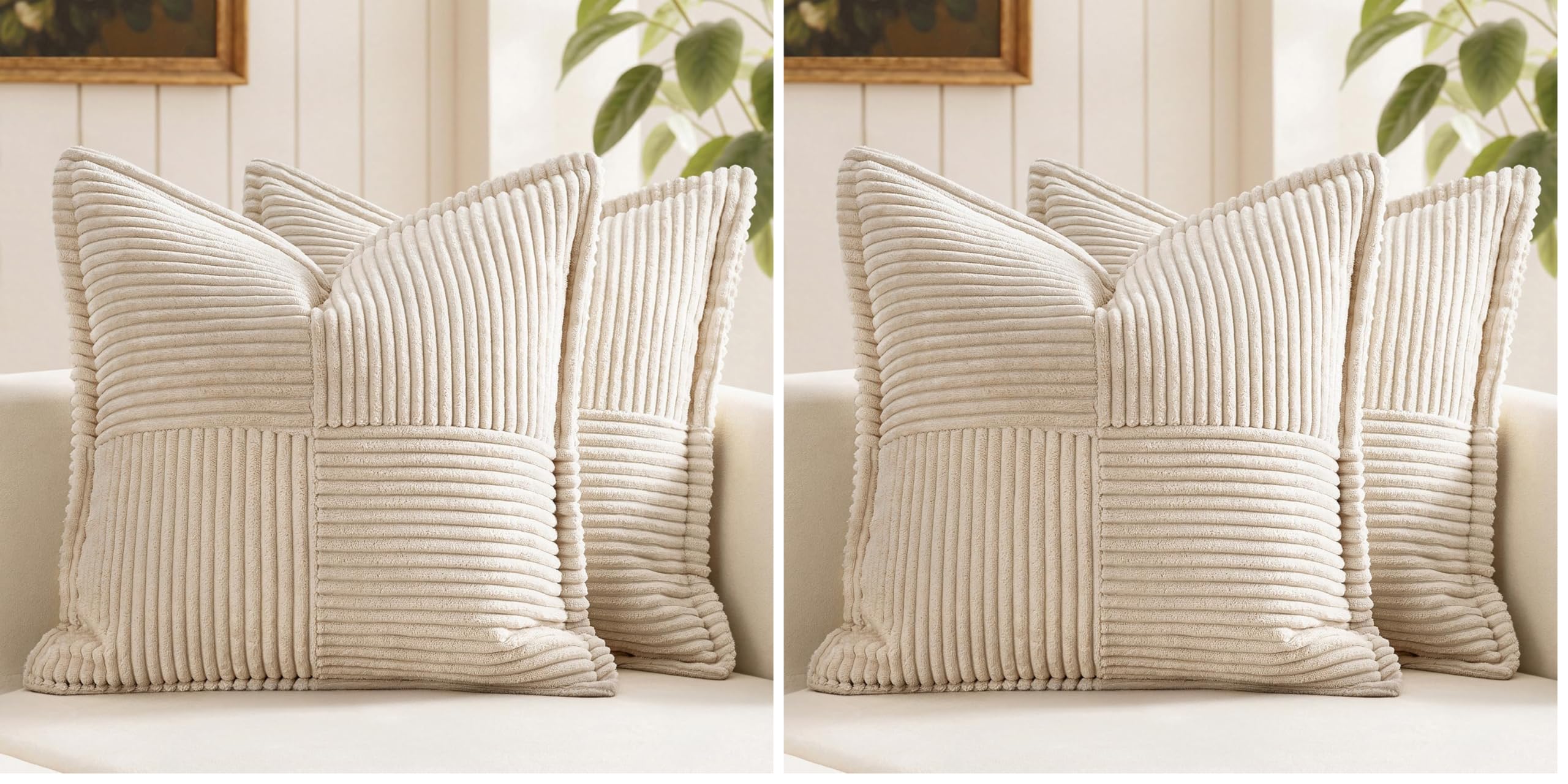 MIULEE Decorative Throw Pillow Covers for Couch Bed Livingroom 18x18 Inch Set of 2 Beige Boho Accent Throw Pllows Broadside Striped Patchwork Soft Corduroy Pillowcases (Pack of 2)