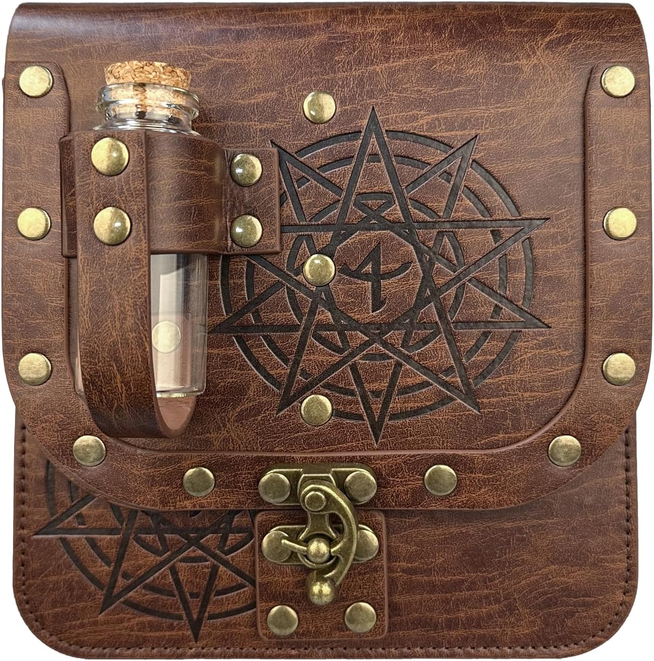 HiiFeuer Medieval Alchemy Faux Leather Belt Bag with Cork Potion Vials, Fantasy Wizard Waist Pouch Side Pack for Halloween (Light Brown C) - Image 2