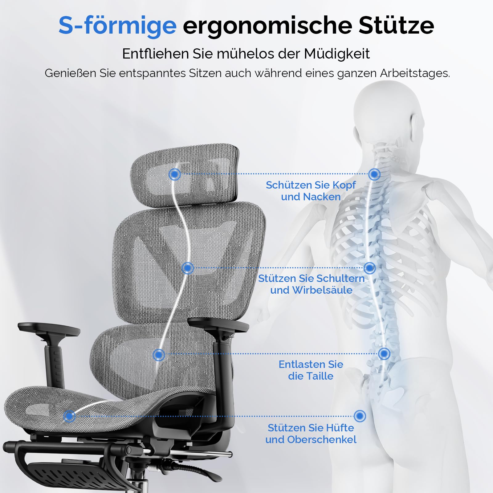 Bürostuhl Ergonomisch, Schreibtischstuhl mit Fußstütze, 90-120° Verstellbare Rückenlehne, Office Chair Lendenwirbelstütze, 4D PUArmlehnen, Stabile Metallbeine, Extra Breites Kissen Büro Gaming Stuhl