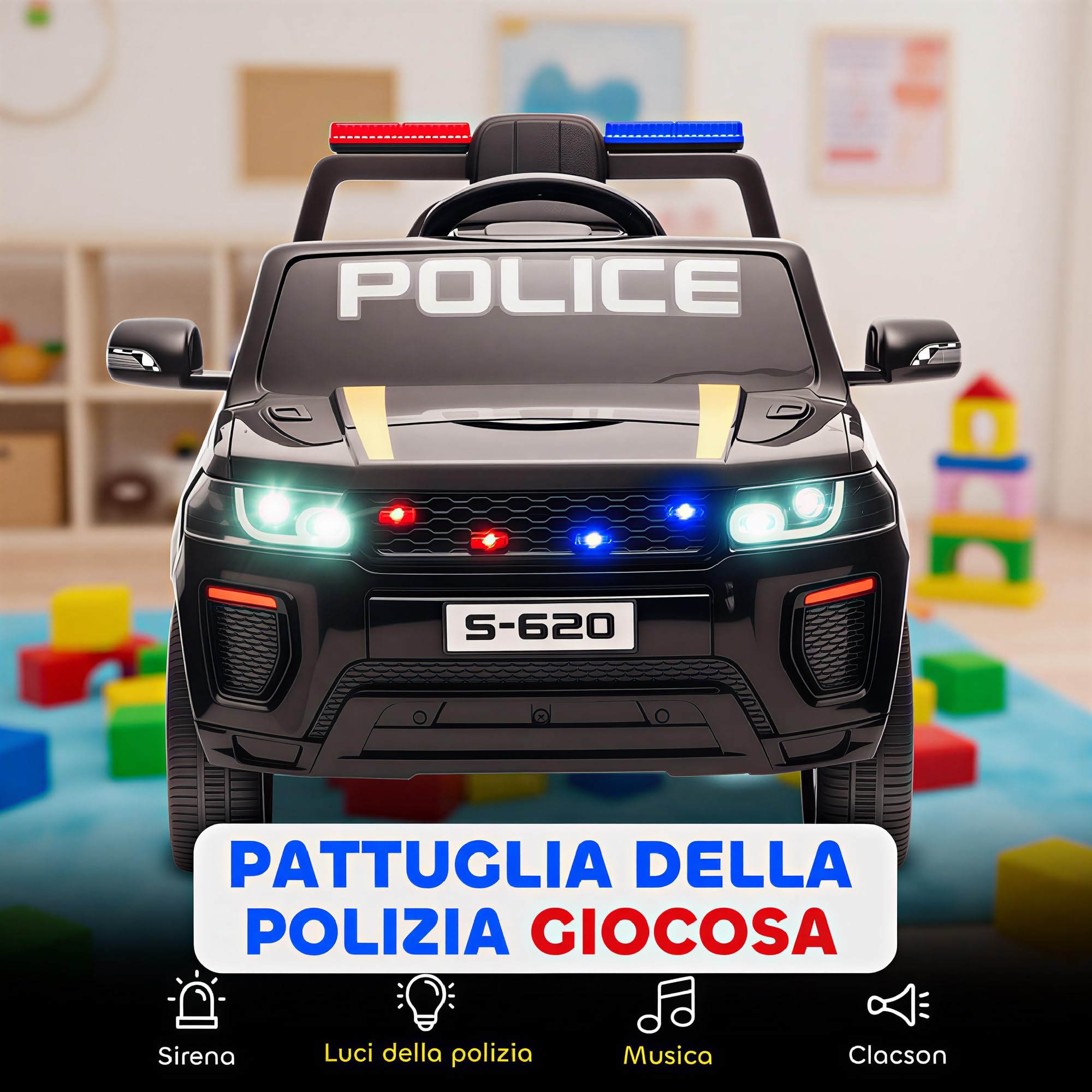 AIYAPLAY Macchina Elettrica della Polizia per Bambini 3-5 Anni 12V 2 Motori | Sirena, Luci LED, Sospensioni, Telecomando, USB, Bluetooth, Musica, Clacson, 3-5 km/h