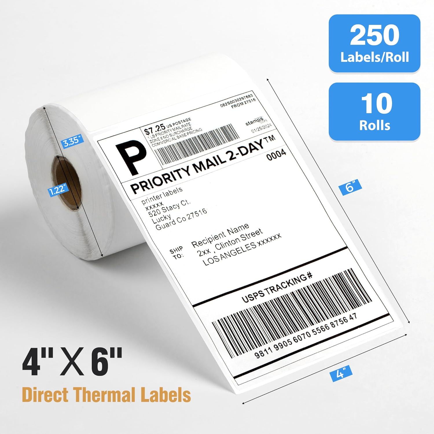 4" x 6" Direct Thermal Shipping Labels 2500 Thermal Label Stickers Commercial Grade 10 Rolls Perforated Shipping Label Compatible with Zebra, Rollo, Jadens, Nelko (10 Rolls - 2500 Labels) - Image 2
