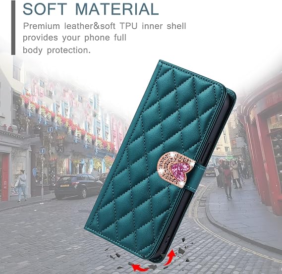 Rhombus Leather Wallet for Oppo Realme Neo 7X 5G Bling Glitter Flip Protective Folio Cover Green Holster Sparkle Case With Kickstand 3D Diamond Heart Buckle Wallet Pocket Case for Realme Neo 7X 5G
