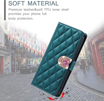 Rhombus Leather Wallet for Oppo Realme Neo 7X 5G Bling Glitter Flip Protective Folio Cover Green Holster Sparkle Case With Kickstand 3D Diamond Heart Buckle Wallet Pocket Case for Realme Neo 7X 5G