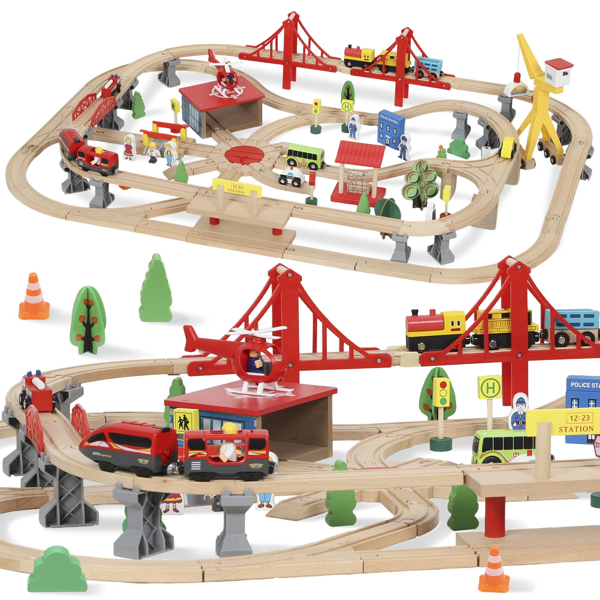 AIYAPLAY Wooden Train Set 133 Piece Train Track for Boys and Girls Ages 3+