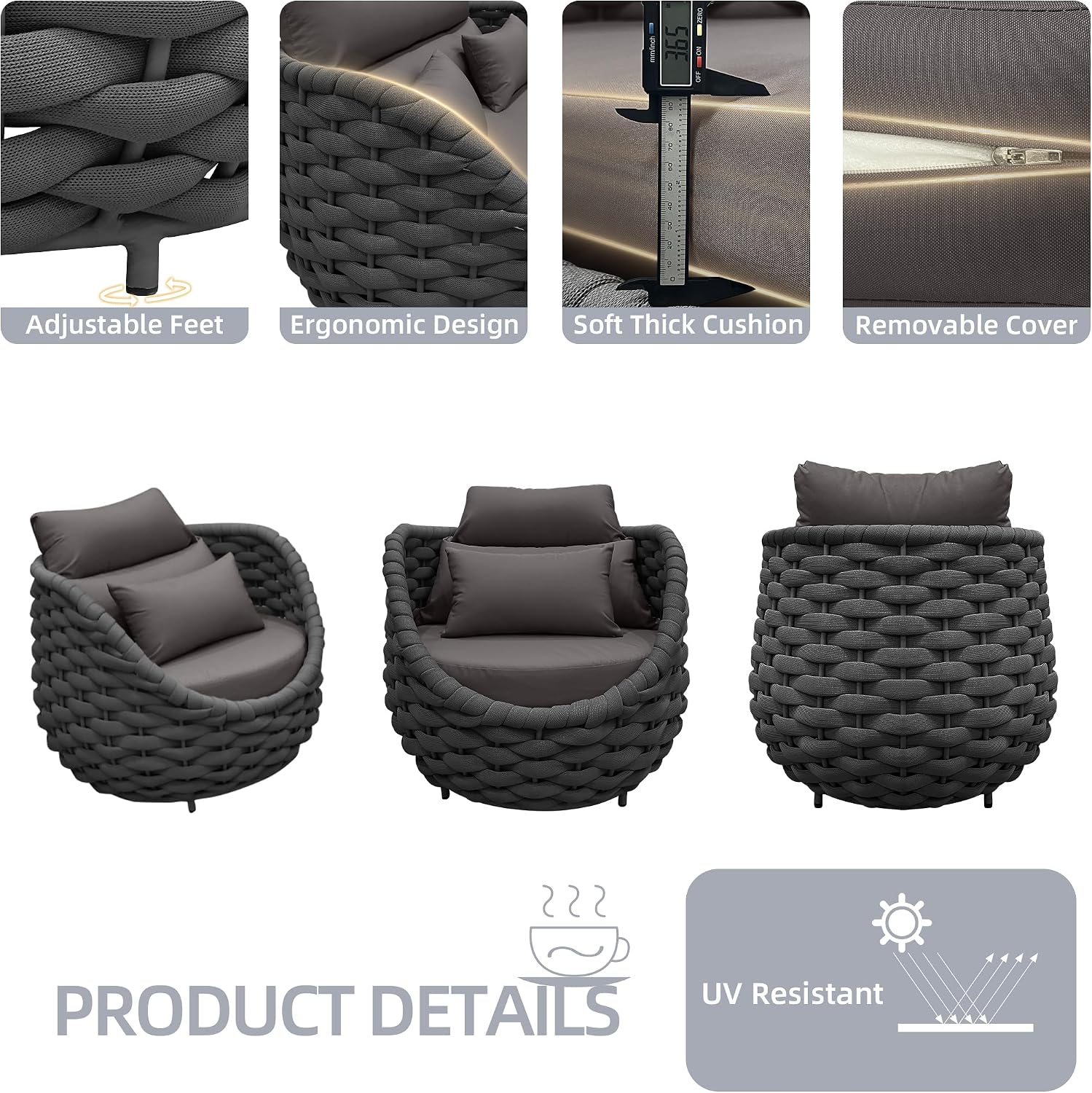 TWT Patio Sofa All-Weather Textilene Rope Balcony Furniture with Cushions & Pillows, Patio Couch Outdoor Patio Furniture Set for Patio, Balcony, Backyard, Deck, Poolside,Dark Grey | Balcony Furniture, Pillows Included, Outdoor Couch, Patio/Deck/Poolside, Backyard Use