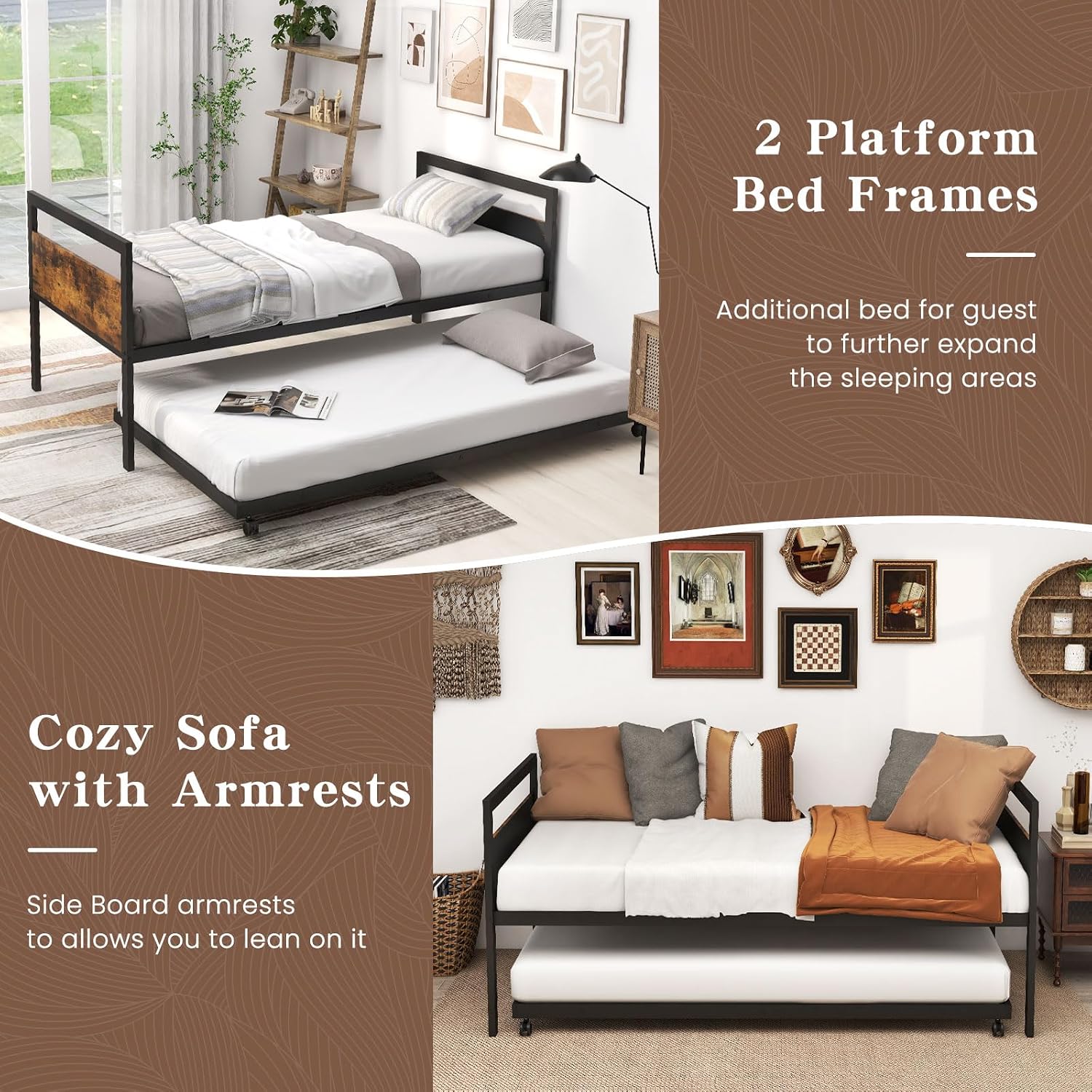 KOMFOTT Twin Size Metal Daybed with Trundle, Daybed Frame with Wooden Headboards, Metal Slat Support, Saving Space Sofa Bed Frame for Living Room, Bedroom, Apartment, No Box Spring Needed