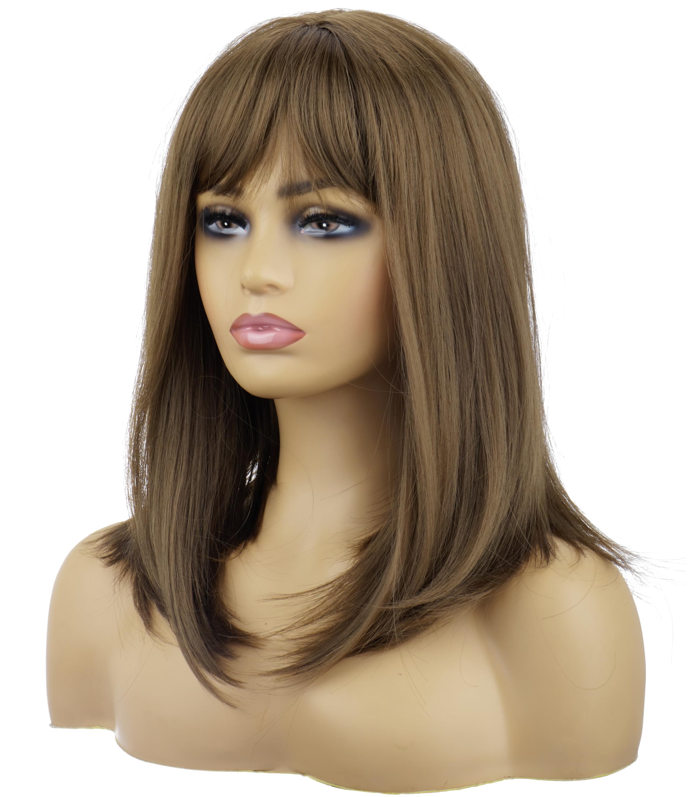 PORSMEER Medium Long Brown Hair Wigs for Women Ladies Brown Bob Wigs with Fringe Natural Straight Synthetic Hair Wig 16 Inches,Everyday or Halloween Fancy dress Wig - Image 4