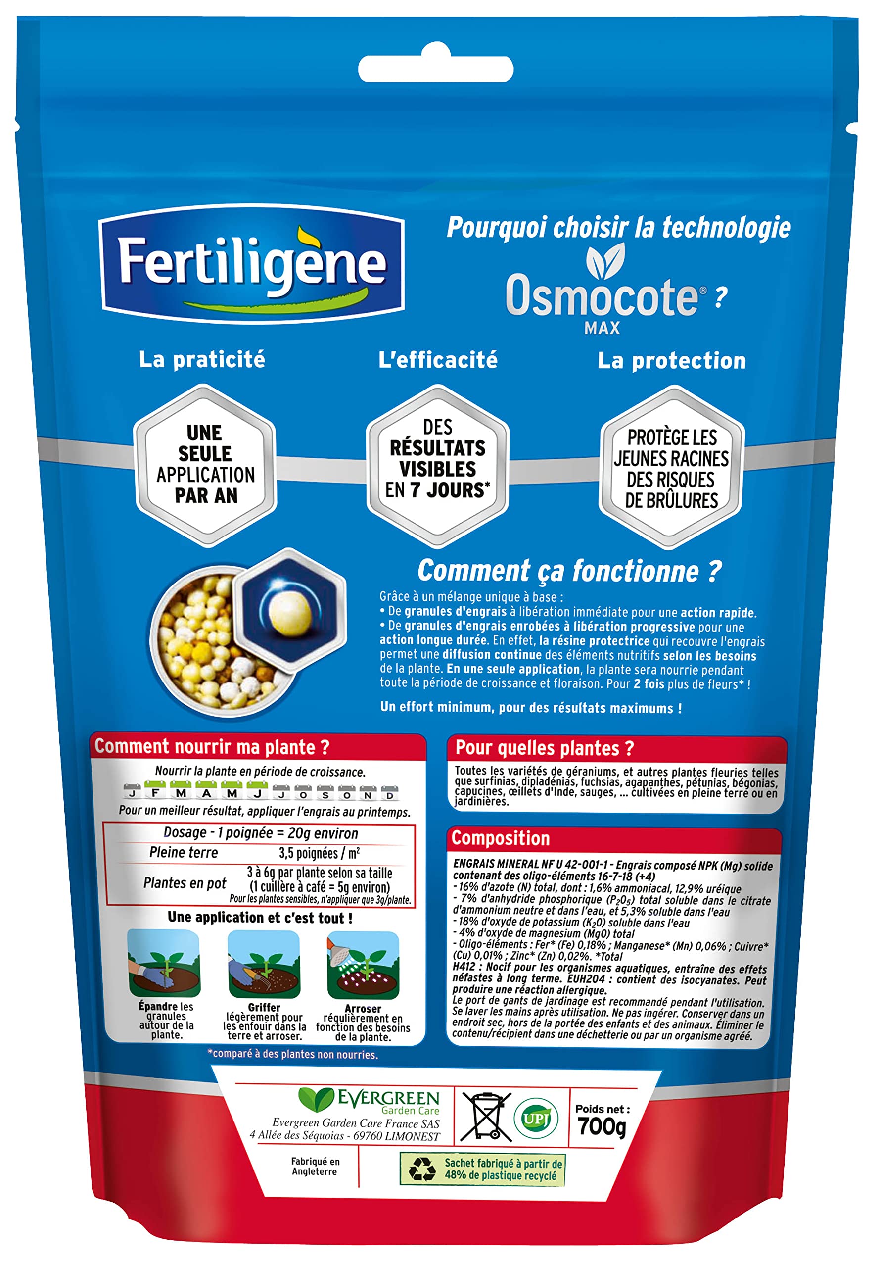 FERTILIGENE OSGERN - Engrais Granulés Longue Durée Osmocote Max Géranium, Dipladénias 700 g - Pratique, 1 seule application par an - Protège les racines - Résultats dès 1semaine - Pour 175 plantes