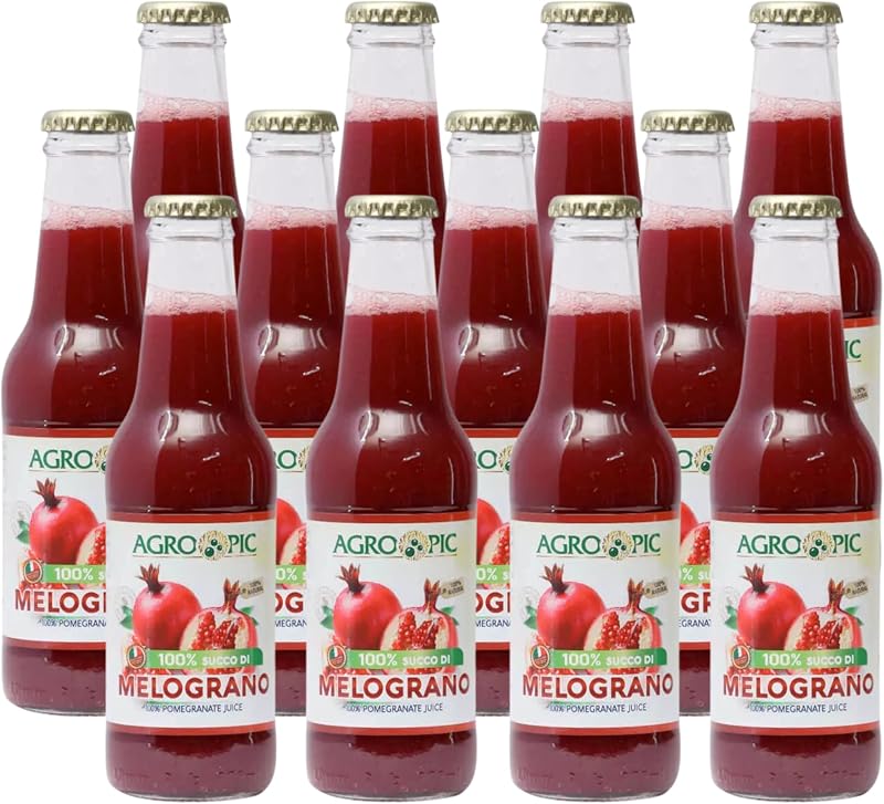 Agropic Succo di Melograno 100%, 12 bottiglie da 200 ml di puro succo di melograno senza zuccheri aggiunti, senza conservanti, Made in Italy