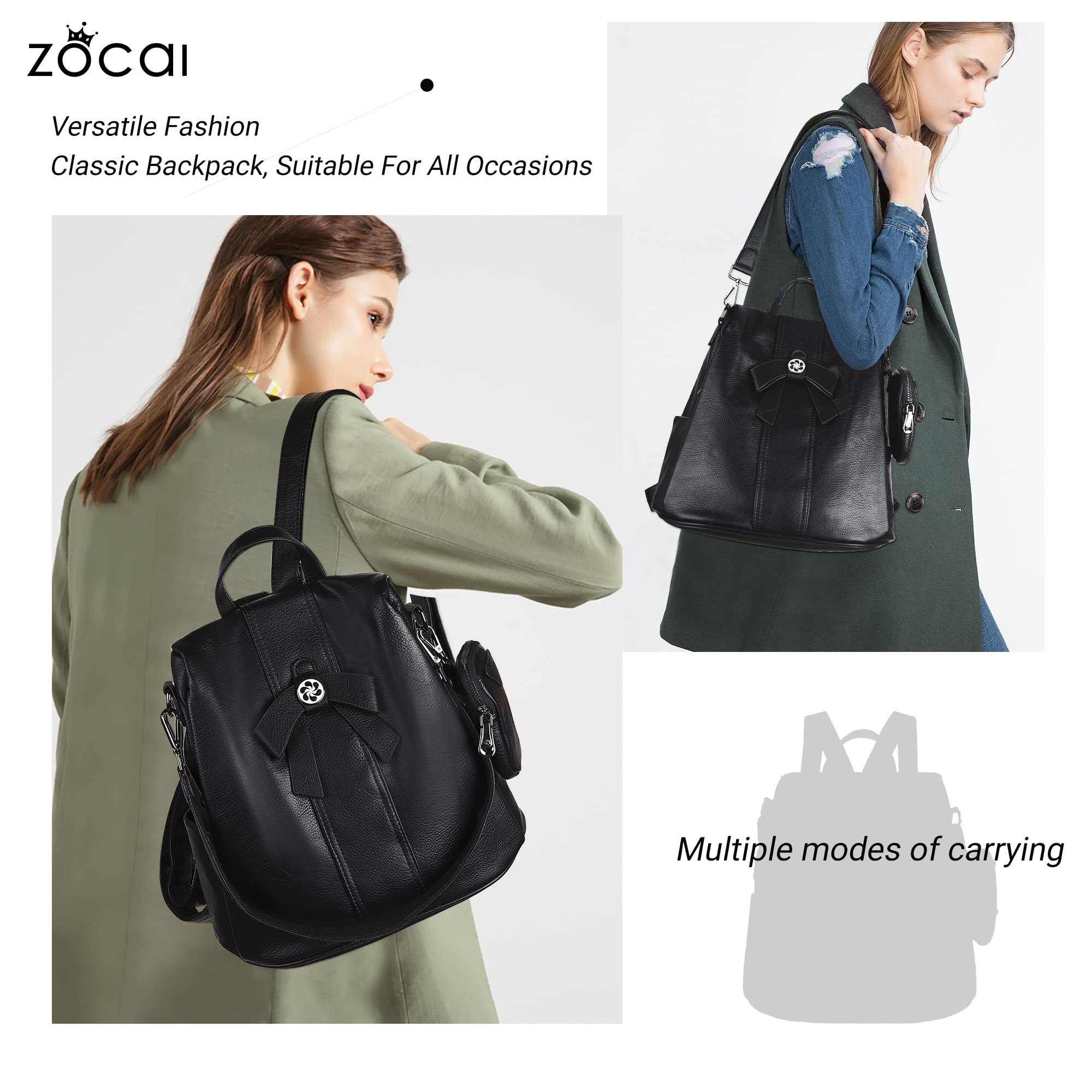 ZOCAI Mochila monedero para mujer de moda, carteras, de piel sintética, mochila diaria, antirrobo, bolso de hombro, monedero, Negro , M