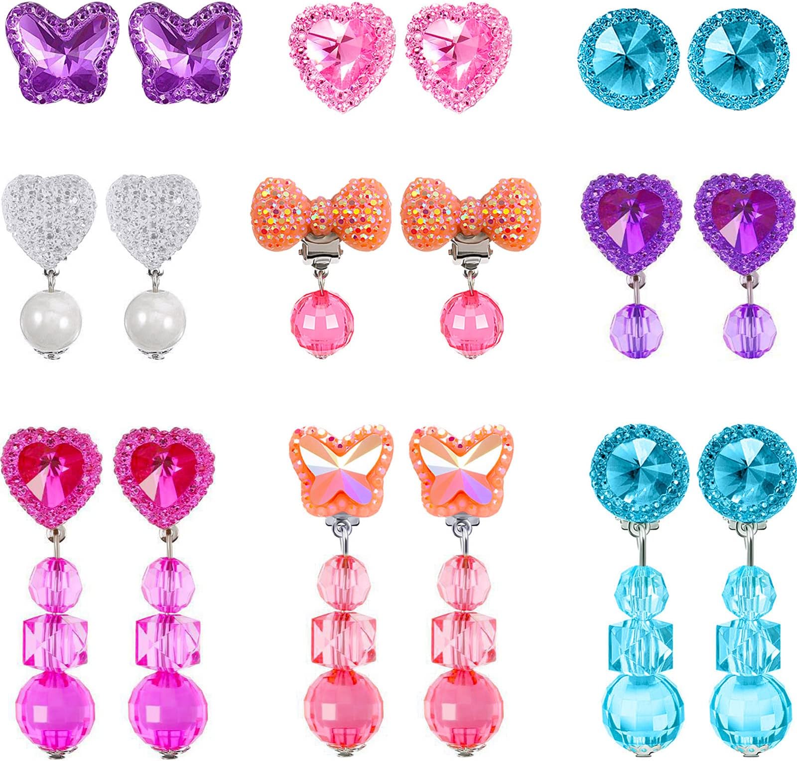 Hicarer 9 Pairs Girls Clip on Earrings Pretend Princess Play Earrings Jewelry Set(Bright Colors)