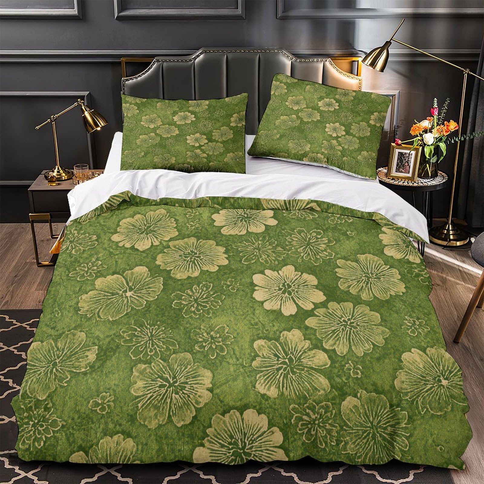 Parure de lit motif floral 200x200 avec housse de couette en microfibre et taies pour lit double