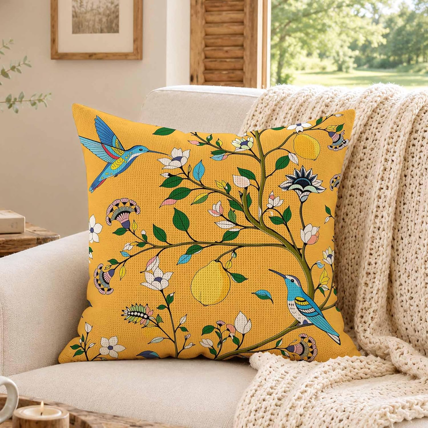 Hummingbird Paradise Linen Throw Pillow Covers Tropical Cotton Linen Accent Cases for Bedroom 18x18 Inch Yellow