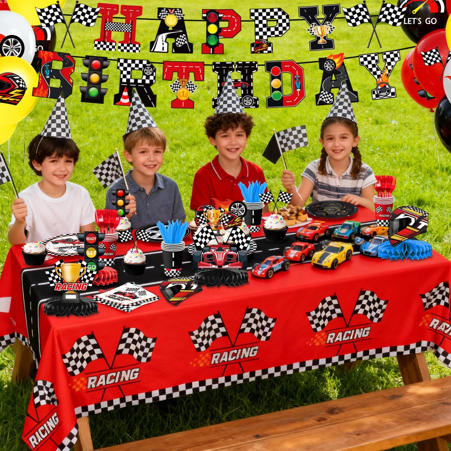 Race Car Birthday Party Decorations Cars Birthday Decorations - Plates, Napkins, Cups, Banner, Hanging Swirls, Tablecloths, Balloons, Honeycomb Centerpieces for Boys Car Decorations, Serves 24 - Image 6