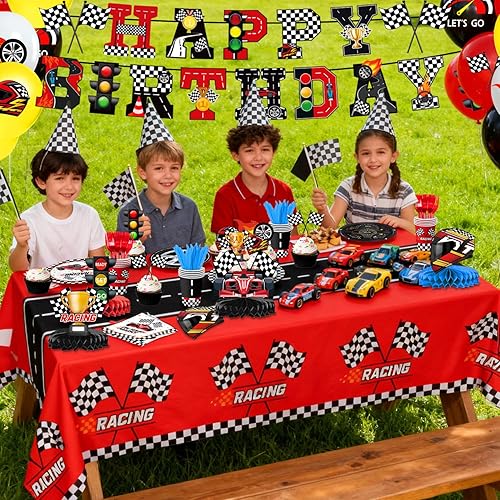 Vista 6 de Decoración de fiesta de cumpleaños de autos de carreras, decoraciones de cumpleaños de autos: platos, servilletas, vasos, pancarta, remolinos