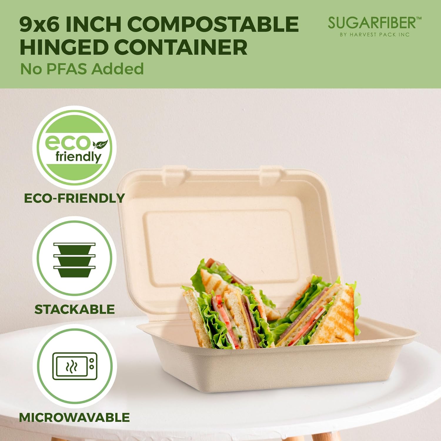[500 COUNT]Sugarfiber by Harvest Pack PFAS FREE 9 X 6" Compostable Clamshell Food Containers, Heavy-Duty Hinged Container, Disposable Bagasse Eco-Friendly Natural Sugarcane Takeout to go Box