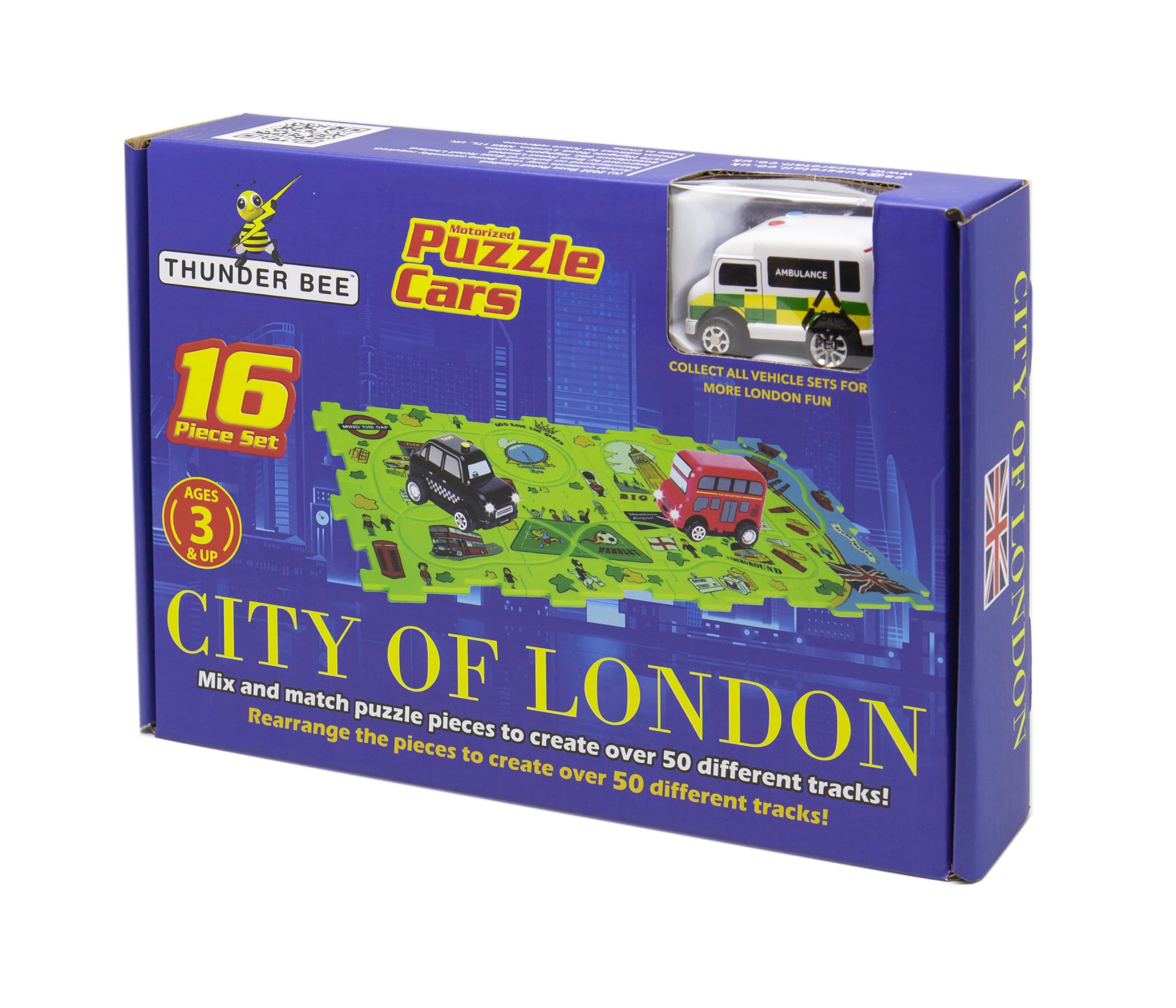 Puzzle Cars Ambulance City of London, Motorized Car with Interchangeable Puzzle Pieces, Road Signs & Accessories