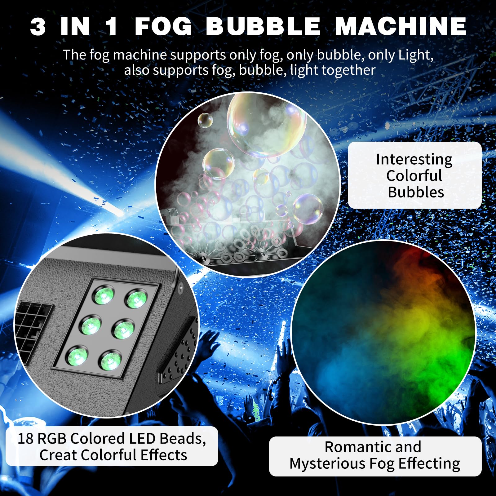 1500W Nebelmaschine mit Blasen & Fernbedienung, Seifenblasenmaschine RGB 18 LED Effekten Seifenblasen Maschine für Party, DJ, Halloween, Weihnachten, Hochzeit
