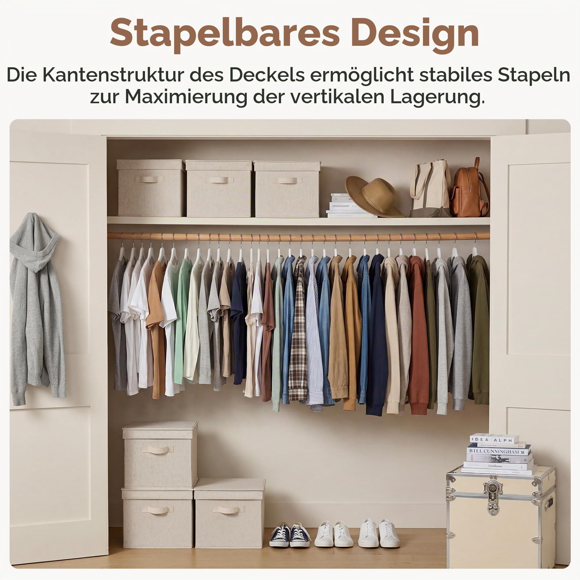 StorageWorks Aufbewahrungskorb mit Deckel, dekorative Aufbewahrungsboxen mit PU-Griffen, stapelbare Stoff-Aufbewahrungskörbe für Schrank, Regale, Beige (Baumwolle-Leinen), Jumbo, 3 Stück