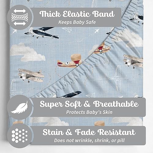 Miniatura 2 de Sorrel + Fern Paquete de 2 sábanas para cuna estándar (aeroplanos y nubes de acuarela), sábanas bajeras de primera calidad, mezcla de algodón suave