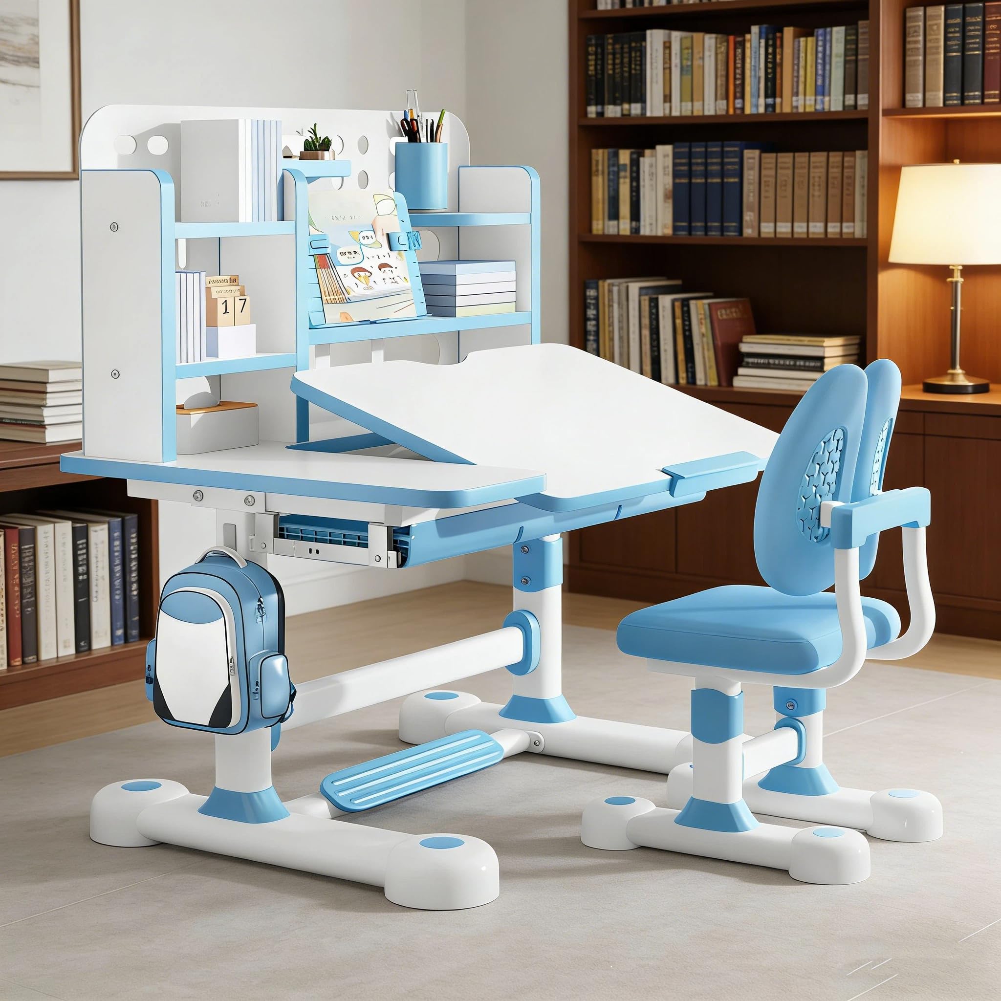 Kid's Study Desk and Chair Set, Height Adjustable Children's Desk and Chair Set with Bookshelf and Storage Drawer, 50-Degree Tiltable Desktop Study Table with Chairs for Bedroom Room Blue
