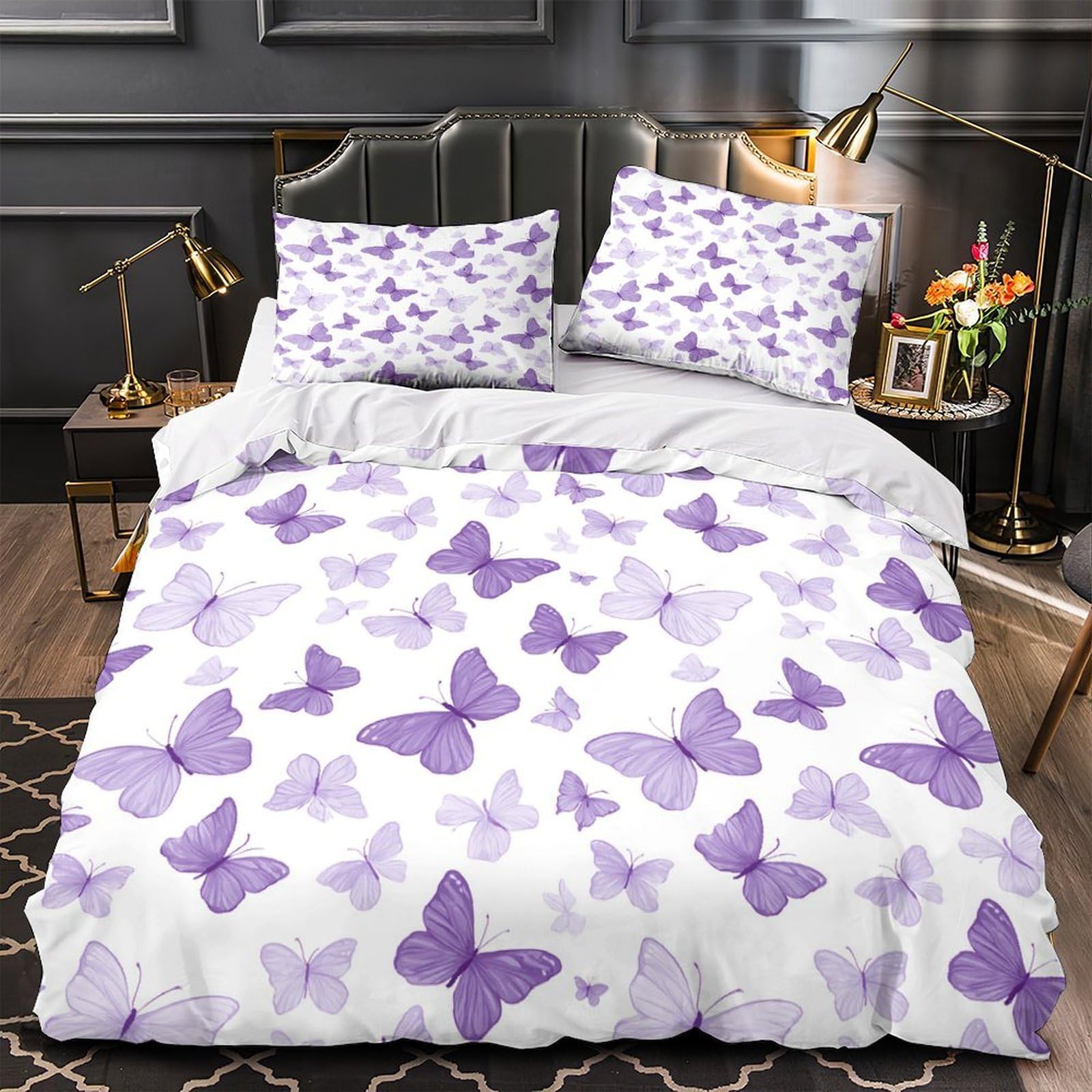 Housse de couette papillons violets résistante et anti-plis pour grand lit