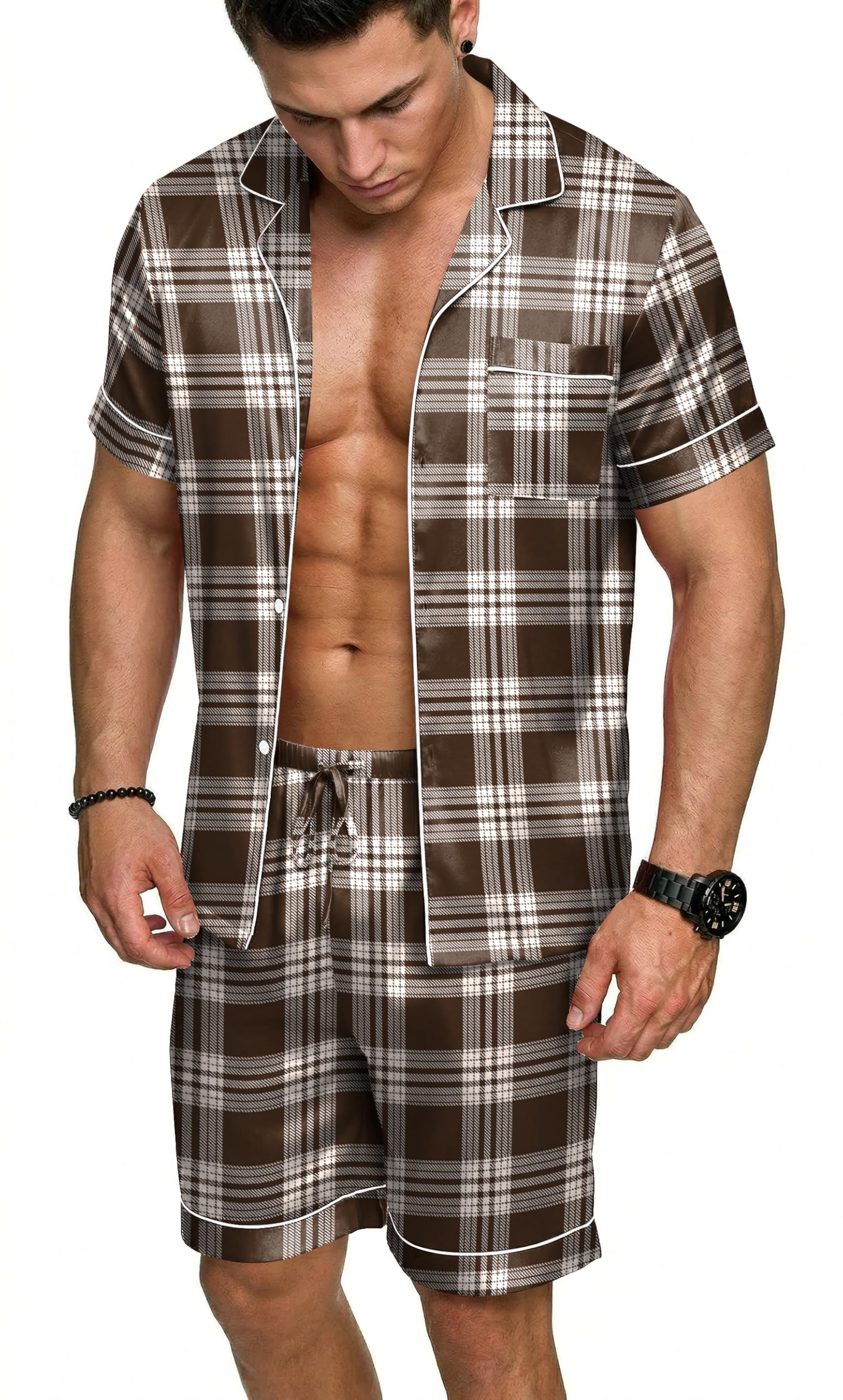 Ekouaer Mens Silk Satin Pajamas Set, Short Sleeve Sleepwear Lightweight Button Up Lounge Pjs Set with Pockets S-4XL — view 16