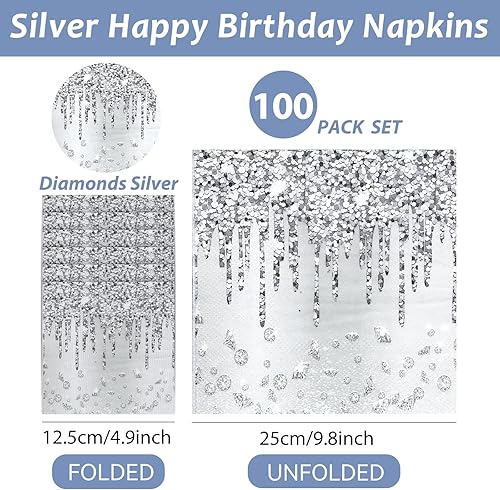 Miniatura 2 de Servilletas plateadas para fiesta de cumpleaños, 100 unidades, suministros de servilletas de papel con temática de diamantes, servilletas de papel