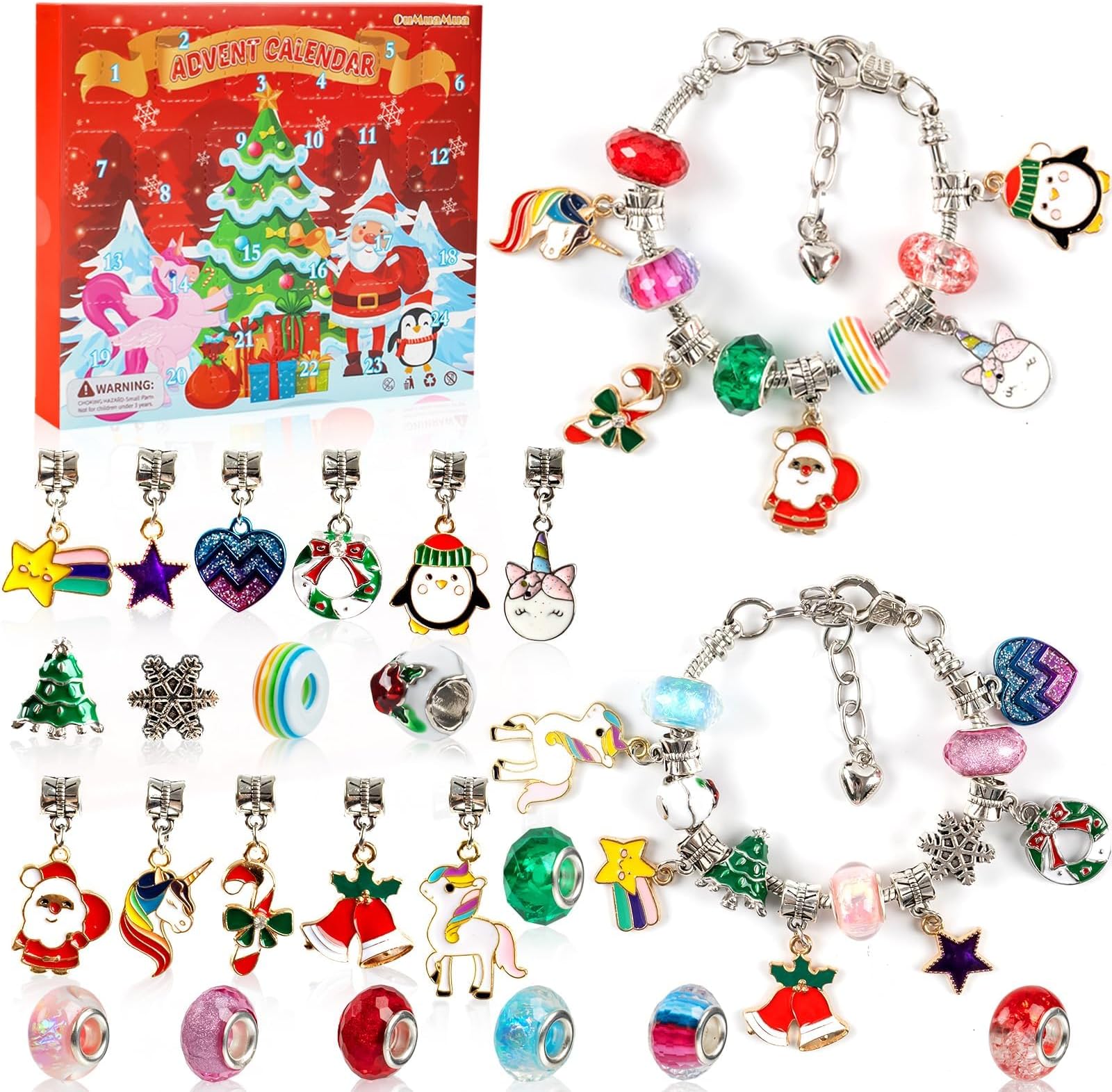 Christmas Advent Calendar Charm Bracelets 2024 for Girls Kids, 24 Days Christmas Unicorn Countdown Calendar with 2pcs DIY Charm Bracelets Kit for Girls Kids Teens Adult Women
