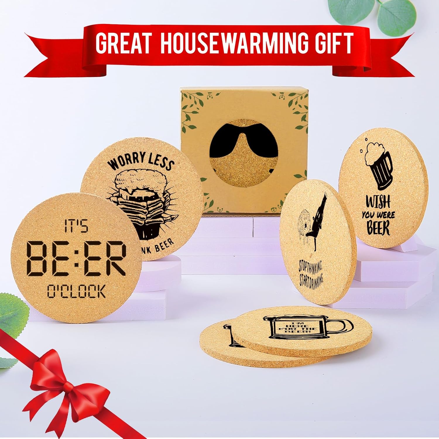 Coasters for Drinks with Holder Set of 6, Absorbent Cork Wood Coaster for Cup Desk Office Table Kitchen Decor House Warming Gifts for New Home Couples, Round 4" - Image 7